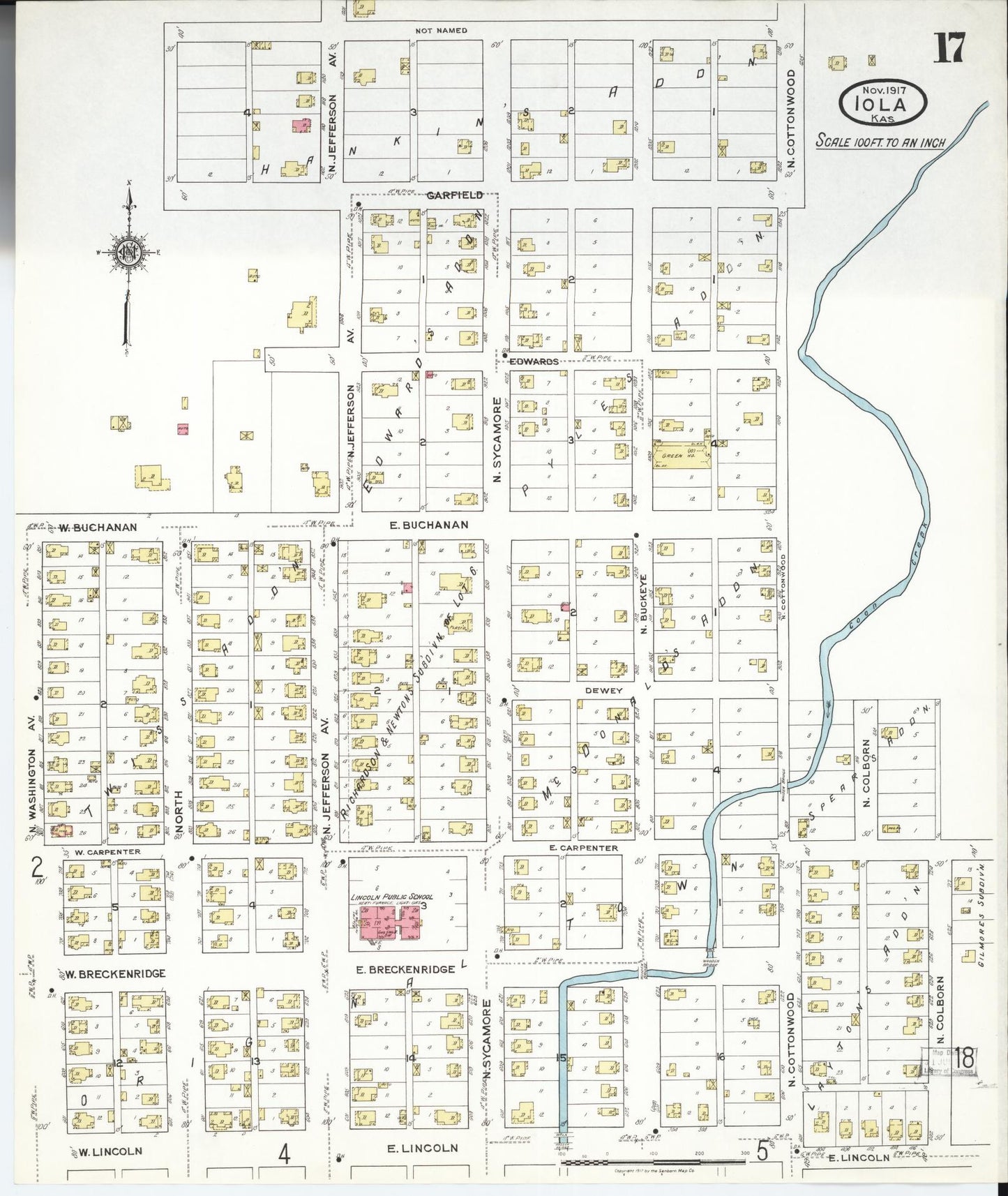Sanborn Fire Insurance Map from Iola, Allen County, Kansas (1917), Sheet #0017 - Historic Sanborn Fire Insurance Map Print, vintage old map wall art, antique decor, genealogy gift, Kansas Kansas map