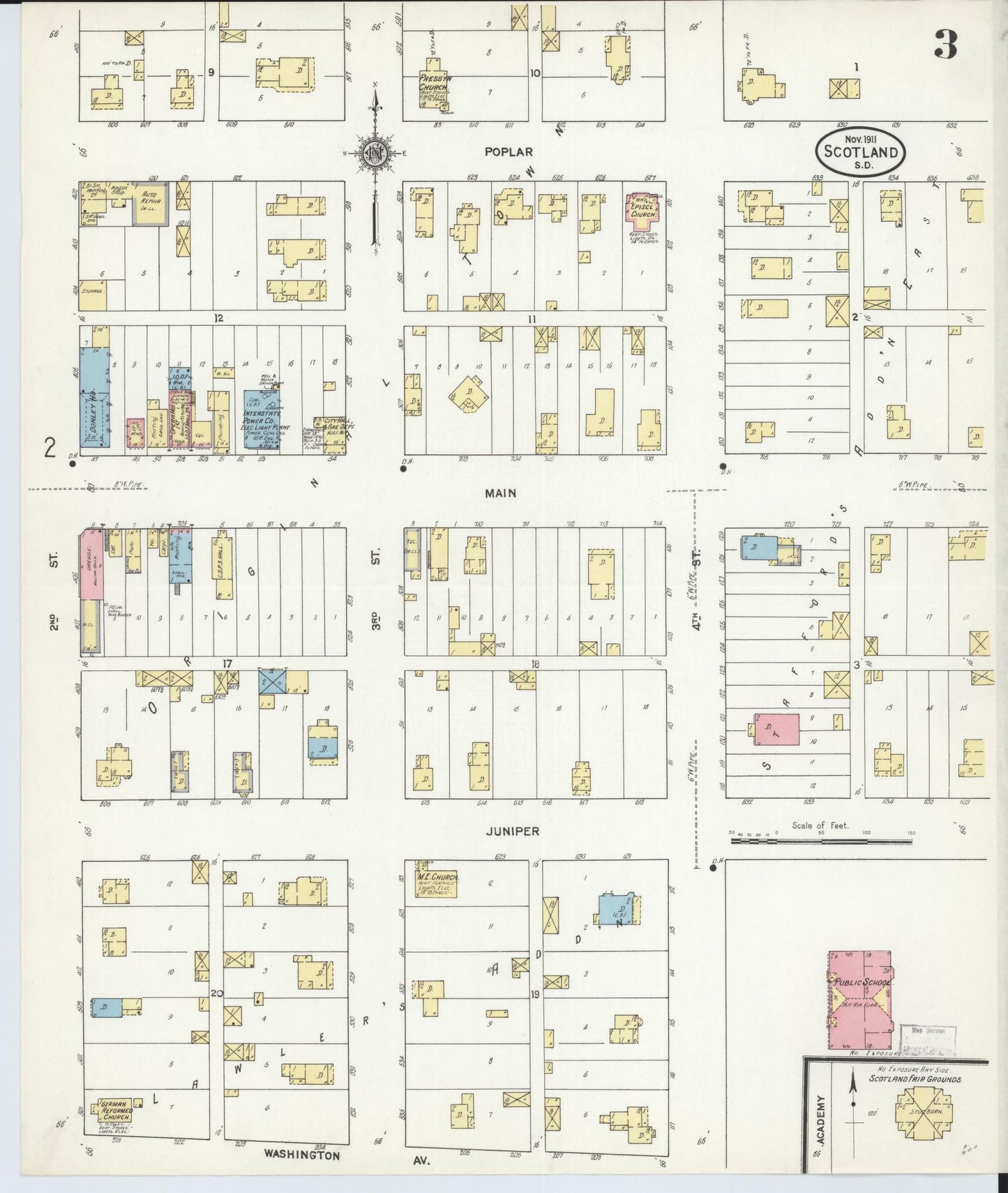 Sanborn Fire Insurance Map from Scotland, Bon Homme County, South Dakota (1911), Sheet #0003 - Complete Map Set gallery image, historic Sanborn map, vintage wall art, South Dakota South Dakota