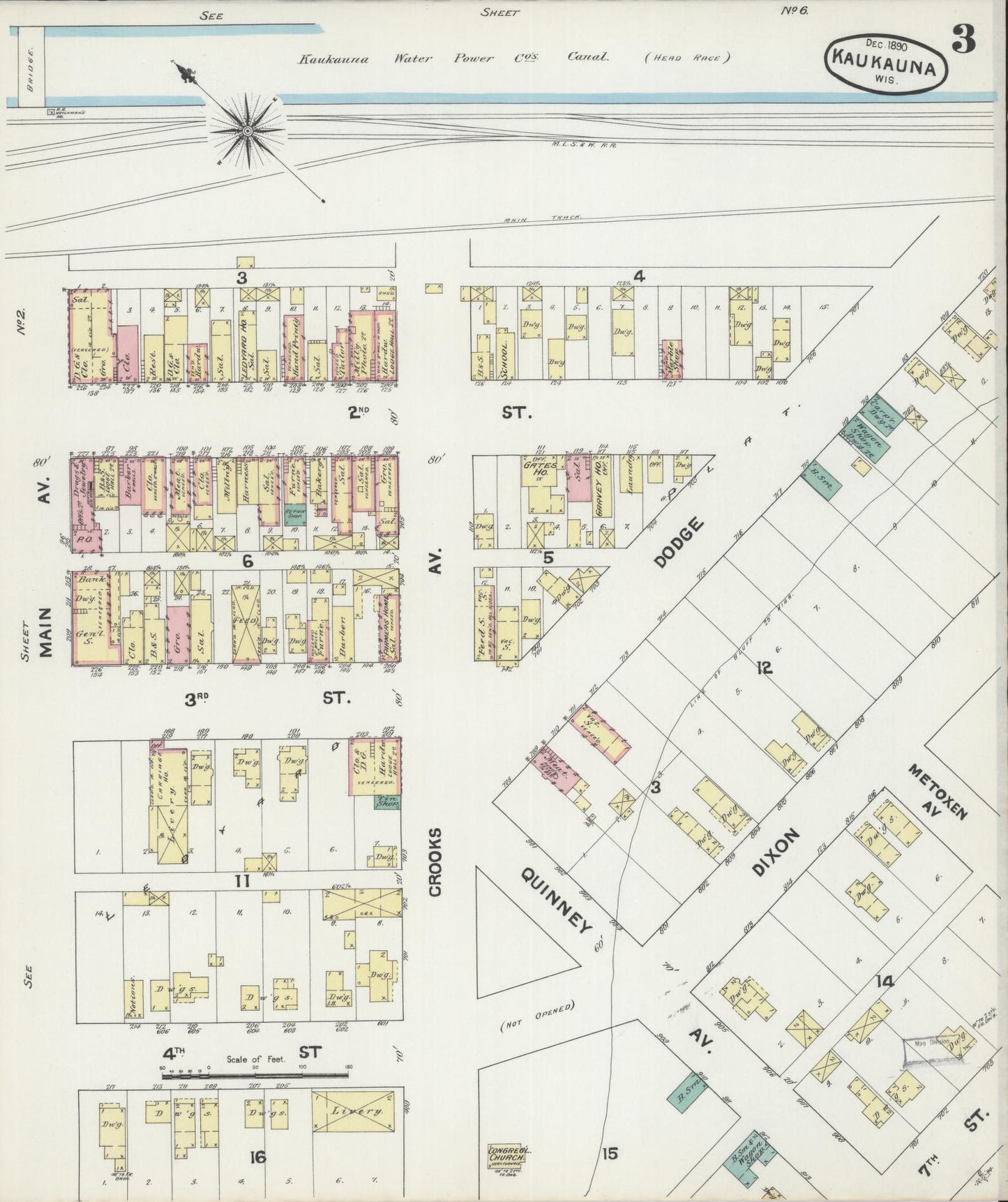 Sanborn Fire Insurance Map from Kaukauna, Outagamie County, Wisconsin (1890), Sheet #0003 - Historic Sanborn Fire Insurance Map Print, vintage old map wall art, antique decor, genealogy gift, Wisconsin Wisconsin map
