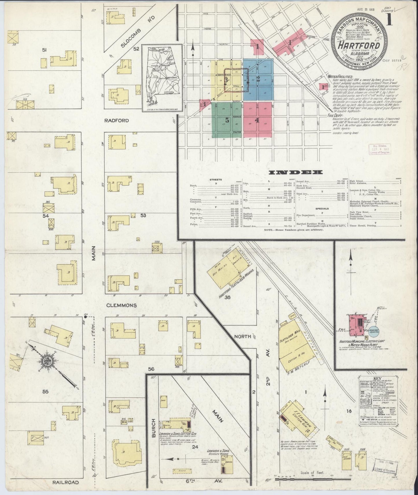 Sanborn Fire Insurance Map from Hartford, Geneva County, Alabama (1913), Sheet #0001 - Historic Sanborn Fire Insurance Map Print, vintage old map wall art, antique decor, genealogy gift, Alabama Alabama map