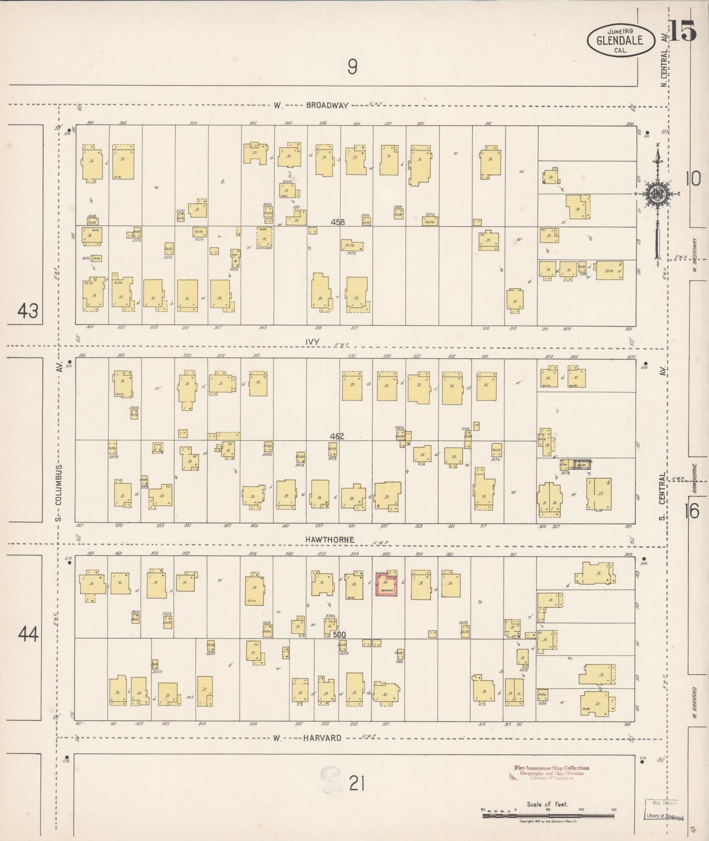 Sanborn Fire Insurance Map from Glendale, Los Angeles County, California (1919), Sheet #0015 - Historic Sanborn Fire Insurance Map Print, vintage old map wall art, antique decor, genealogy gift, California California map
