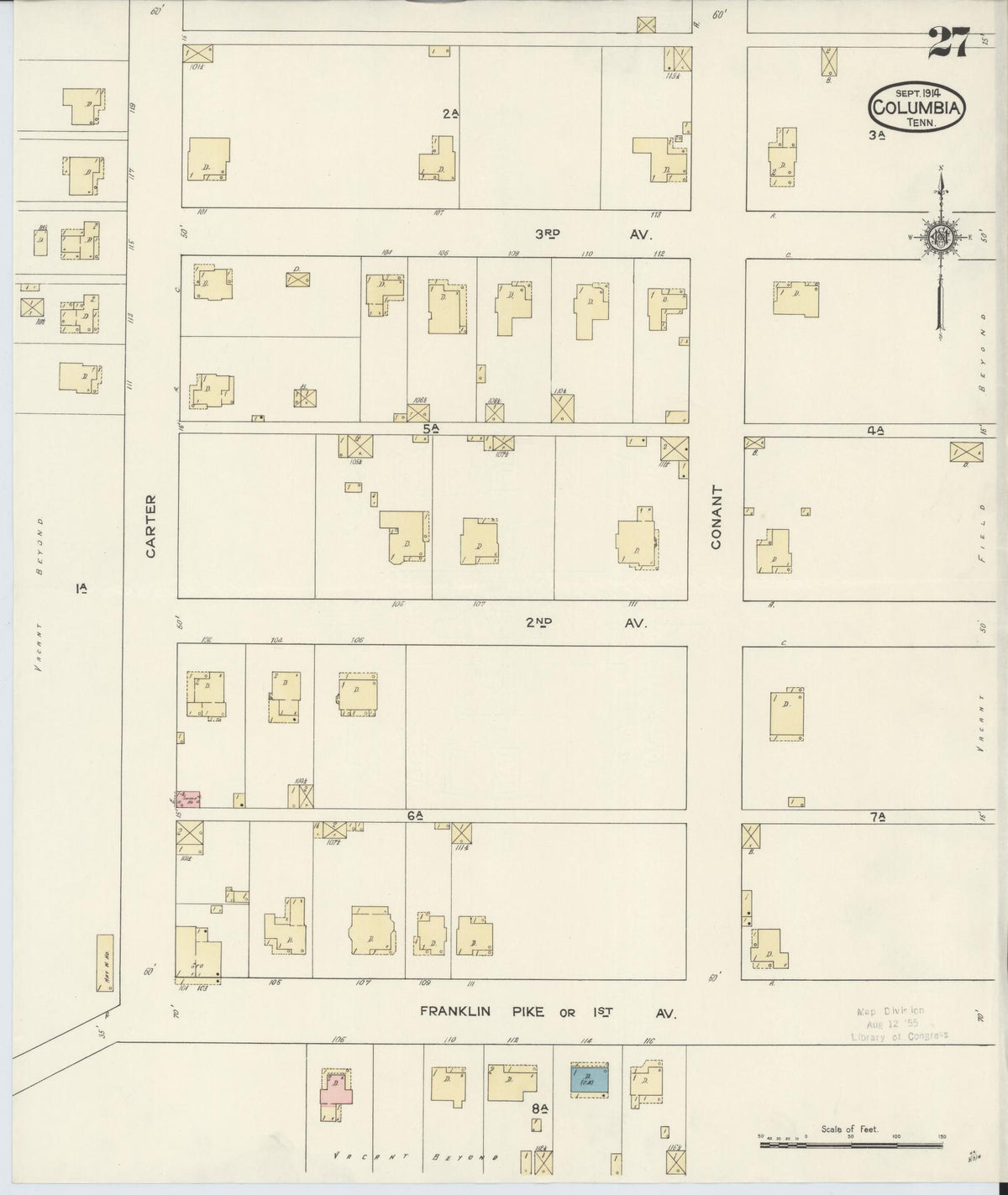 Sanborn Fire Insurance Map from Columbia, Maury County, Tennessee (1914), Sheet #0027 - Complete Map Set gallery image, historic Sanborn map, vintage wall art, Tennessee Tennessee