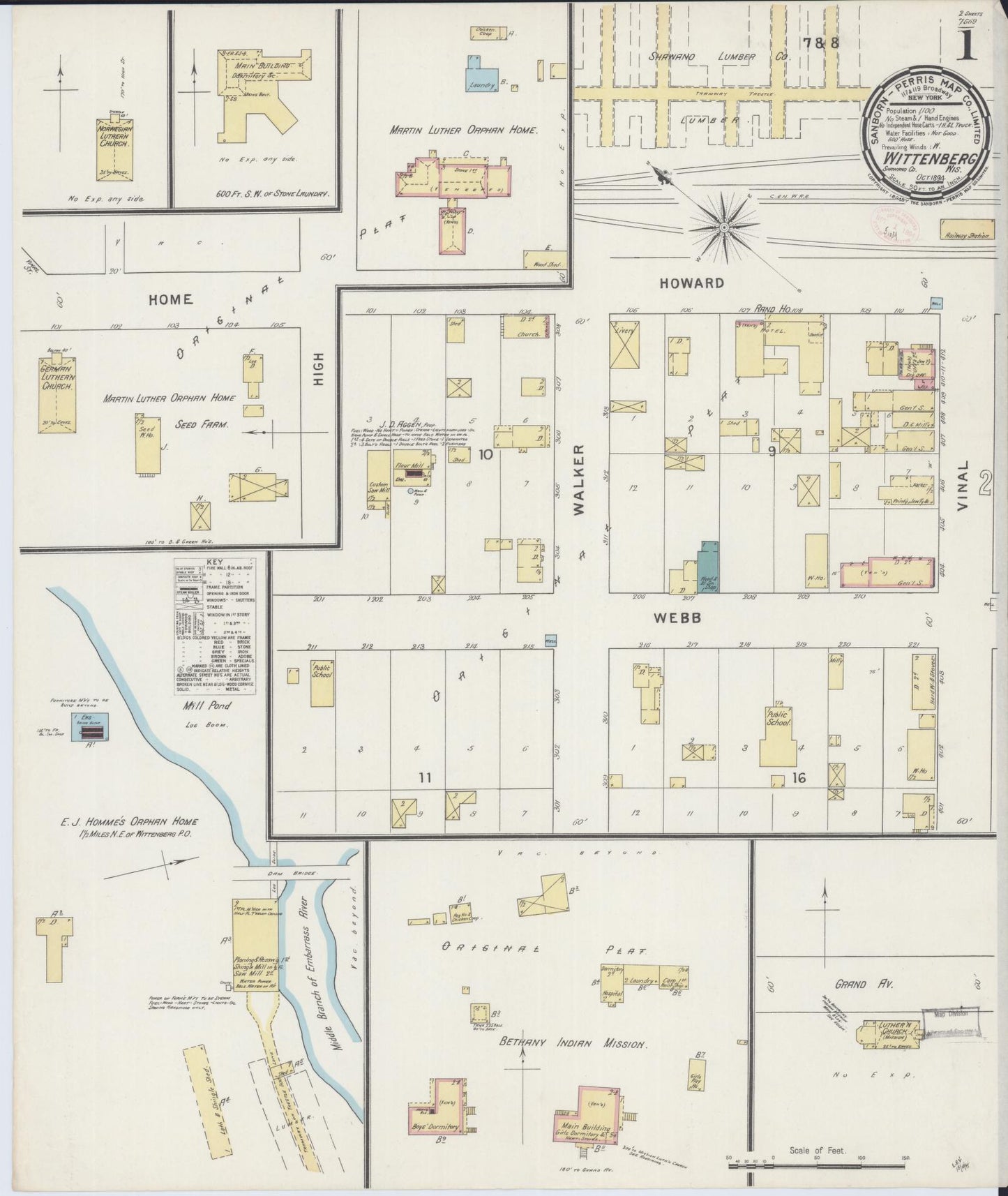 Sanborn Fire Insurance Map from Wittenberg, Shawano County, Wisconsin (1894), Sheet #0001 - Historic Sanborn Fire Insurance Map Print, vintage old map wall art, antique decor, genealogy gift, Wisconsin Wisconsin map