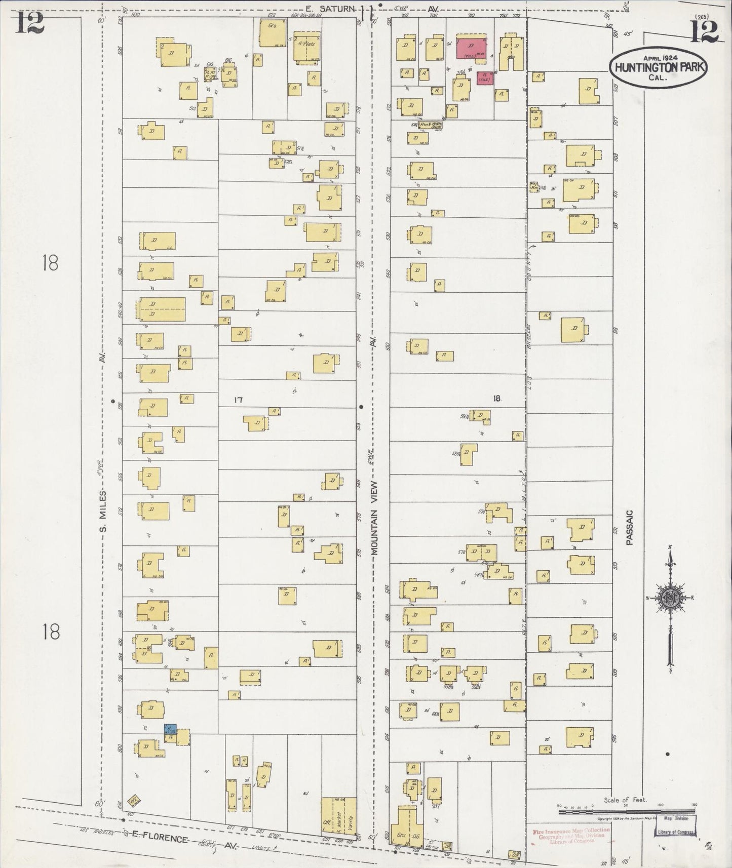 Sanborn Fire Insurance Map from Huntington Park, Los Angeles County, California (1924), Sheet #0012 - Historic Sanborn Fire Insurance Map Print, vintage old map wall art, antique decor, genealogy gift, California California map