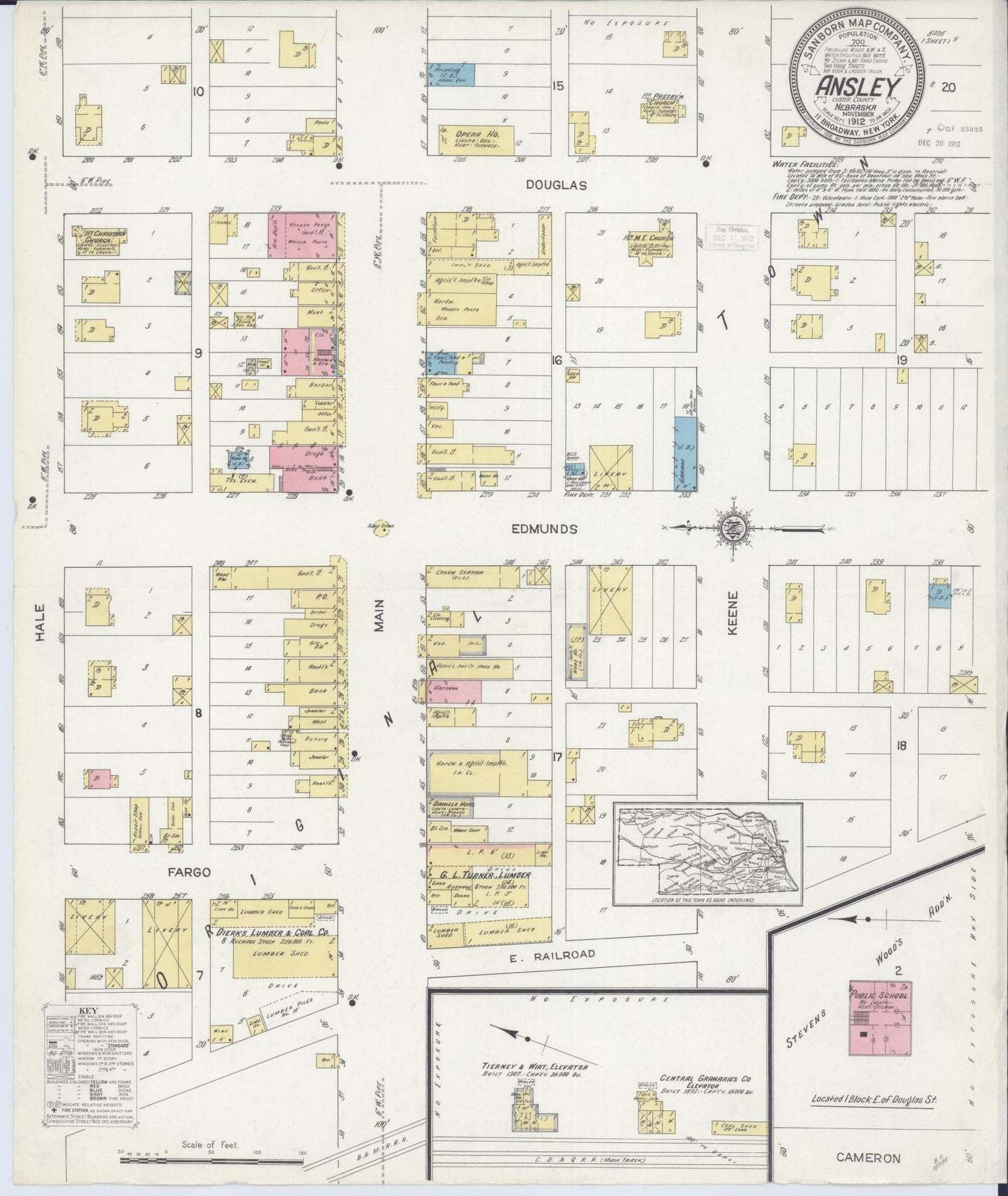 Sanborn Fire Insurance Map from Ansley, Custer County, Nebraska (1912), Sheet #0001 - Historic Sanborn Fire Insurance Map Print, vintage old map wall art, antique decor, genealogy gift, Nebraska Nebraska map