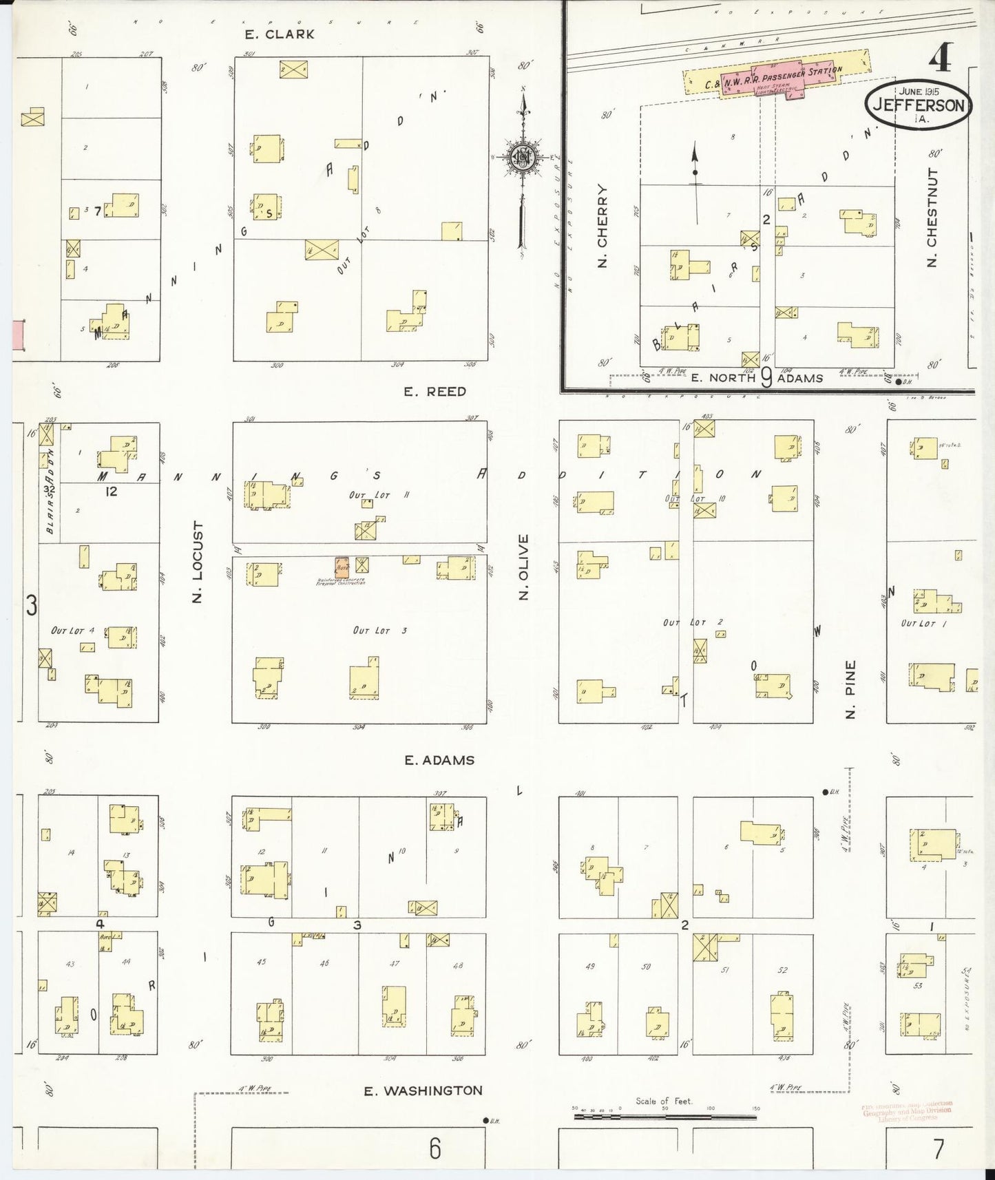Sanborn Fire Insurance Map from Jefferson, Greene County, Iowa (1915), Sheet #0004 - Historic Sanborn Fire Insurance Map Print, vintage old map wall art
