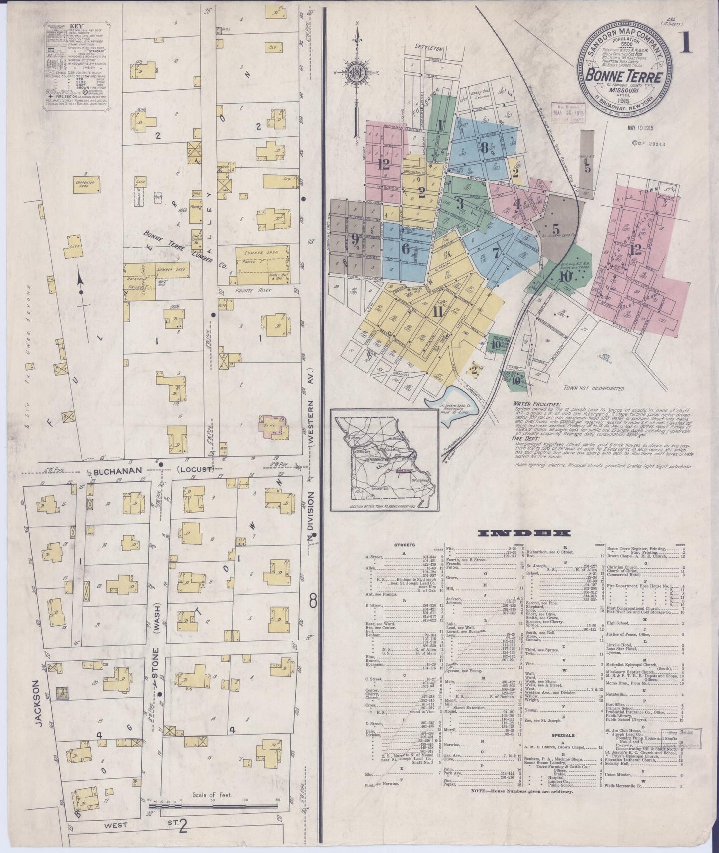 Sanborn Fire Insurance Map from Bonne Terre, Saint Francois County, Missouri (1915), Sheet #0001 - Historic Sanborn Fire Insurance Map Print, vintage old map wall art, antique decor, genealogy gift, Missouri Missouri map