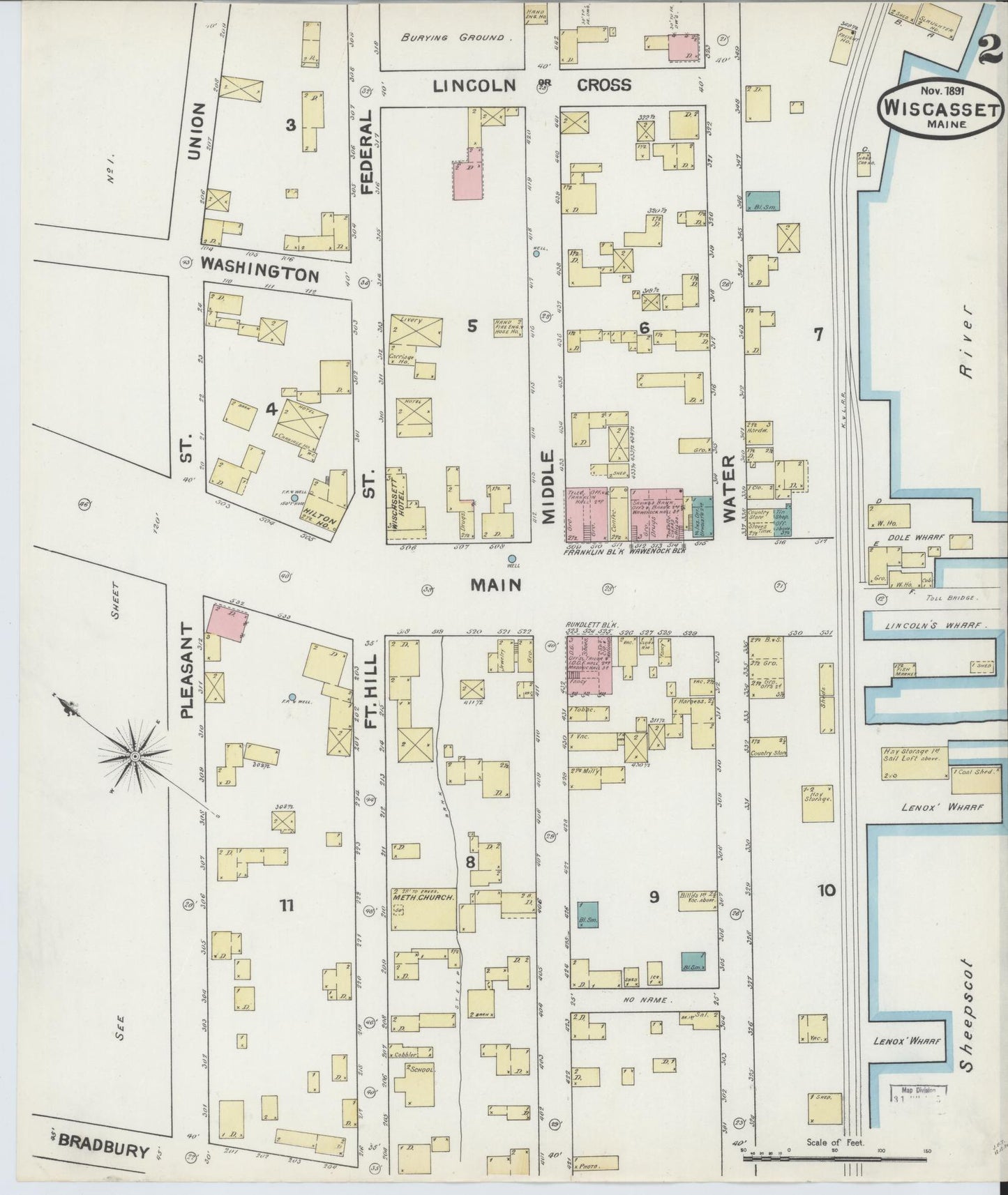 Sanborn Fire Insurance Map from Wiscasset, Lincoln County, Maine (1891), Sheet #0002 - Complete Map Set gallery image, historic Sanborn map, vintage wall art, Maine Maine
