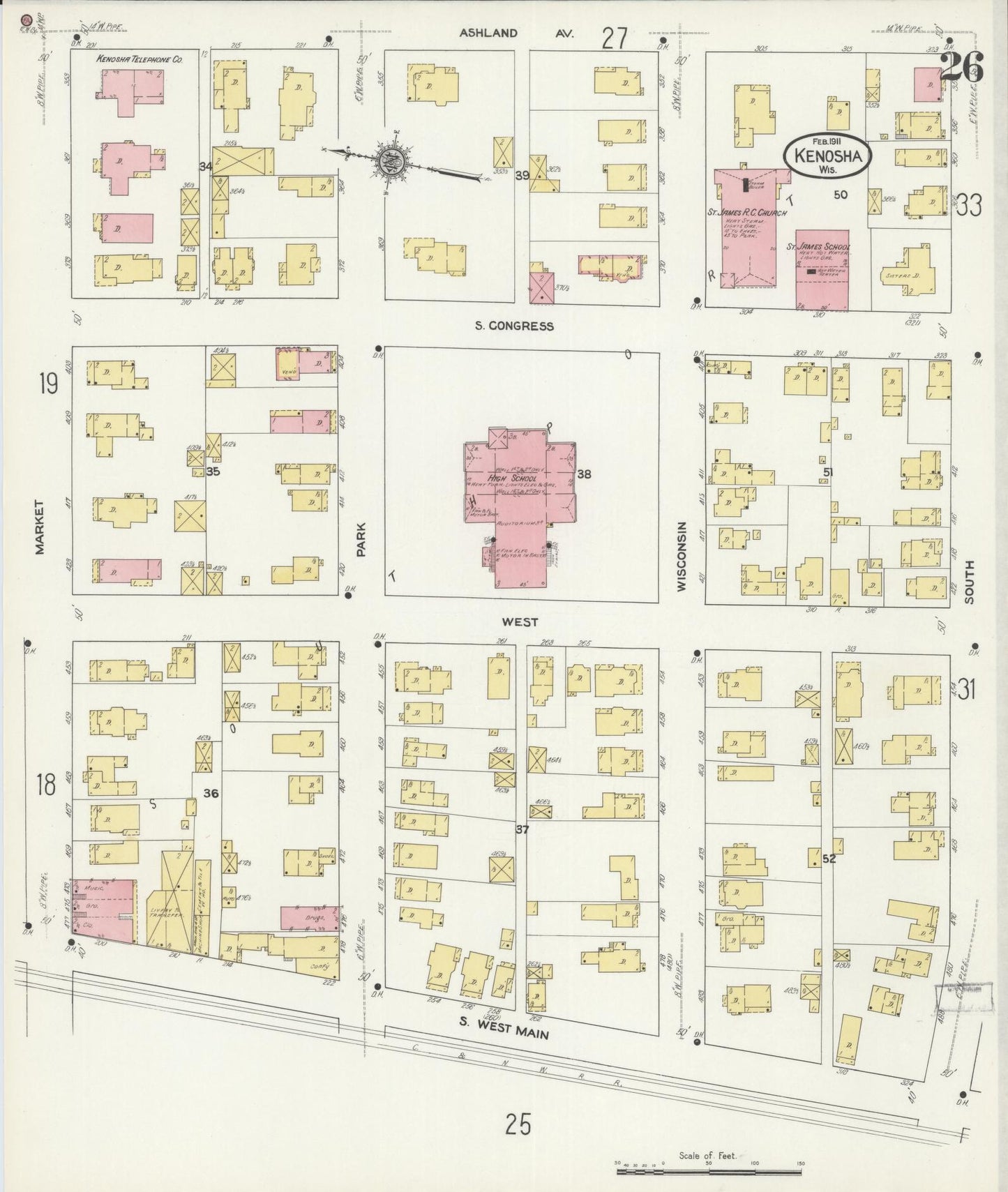 Sanborn Fire Insurance Map from Kenosha, Kenosha County, Wisconsin (1911), Sheet #0026 - Historic Sanborn Fire Insurance Map Print, vintage old map wall art, antique decor, genealogy gift, Wisconsin Wisconsin map