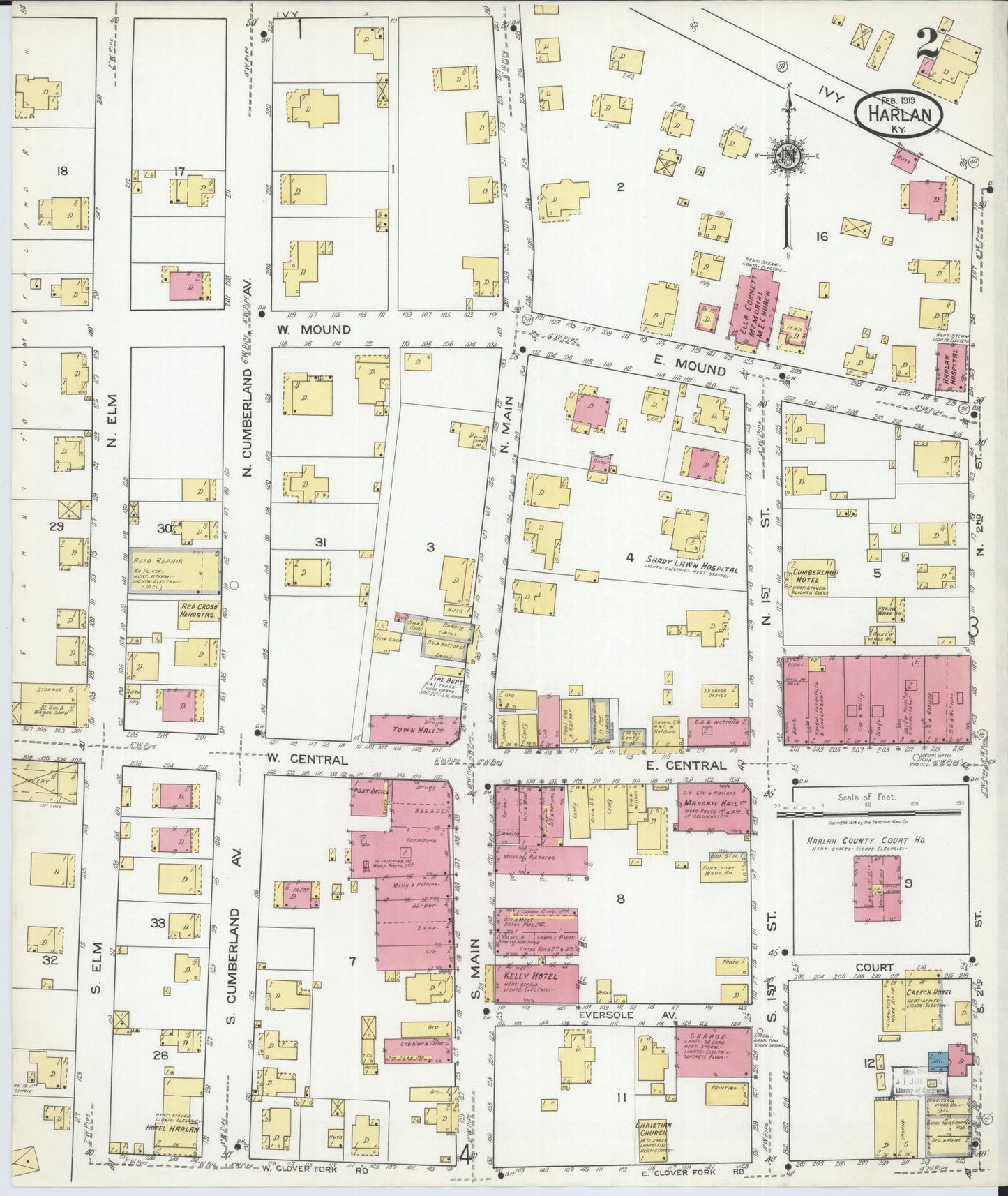 Sanborn Fire Insurance Map from Harlan, Harlan County, Kentucky (1919), Sheet #0002 - Historic Sanborn Fire Insurance Map Print, vintage old map wall art, antique decor, genealogy gift, Kentucky Kentucky map