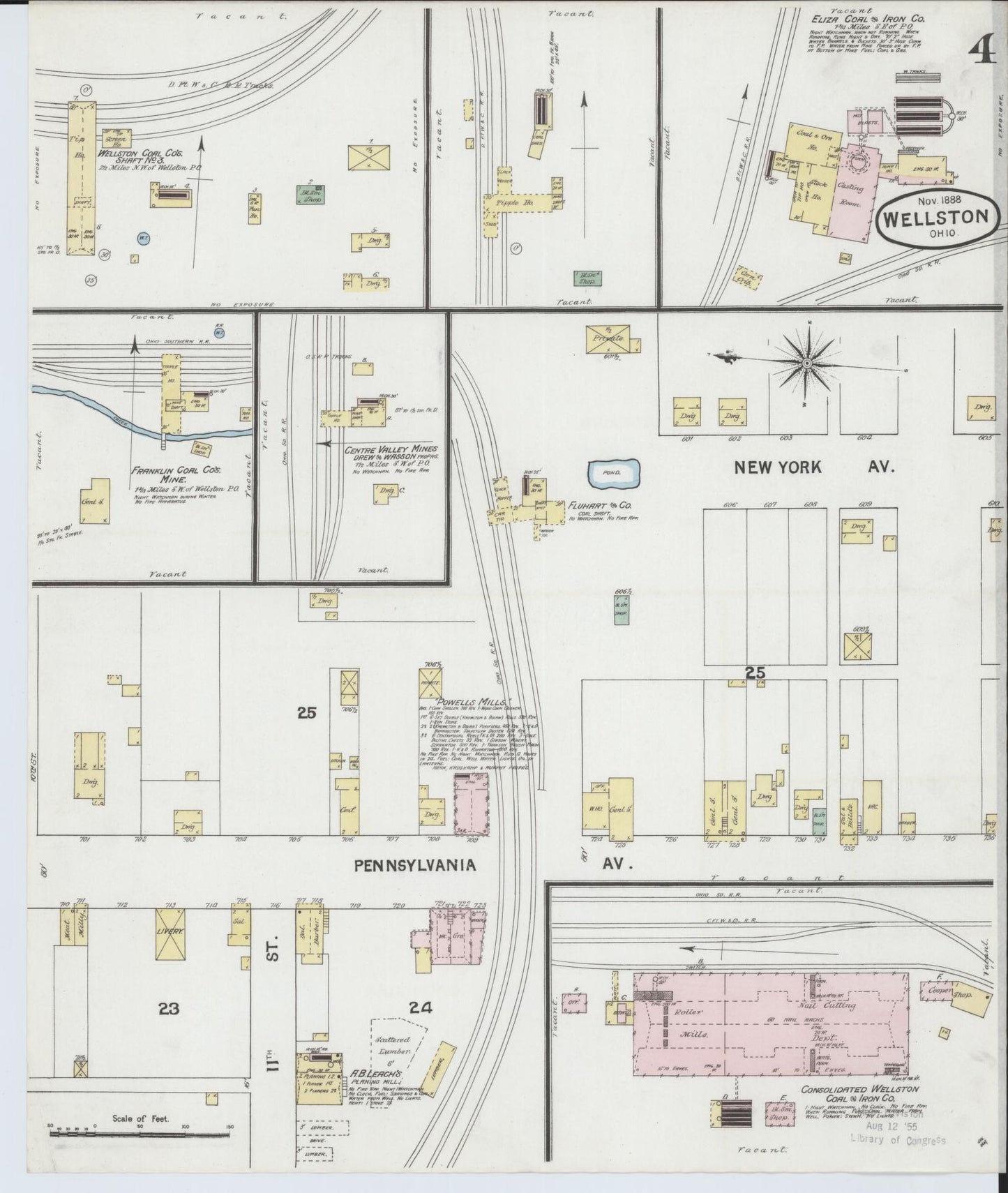 Sanborn Fire Insurance Map from Wellston, Jackson County, Ohio (1888), Sheet #0004 - Historic Sanborn Fire Insurance Map Print, vintage old map wall art, antique decor, genealogy gift, Ohio Ohio map