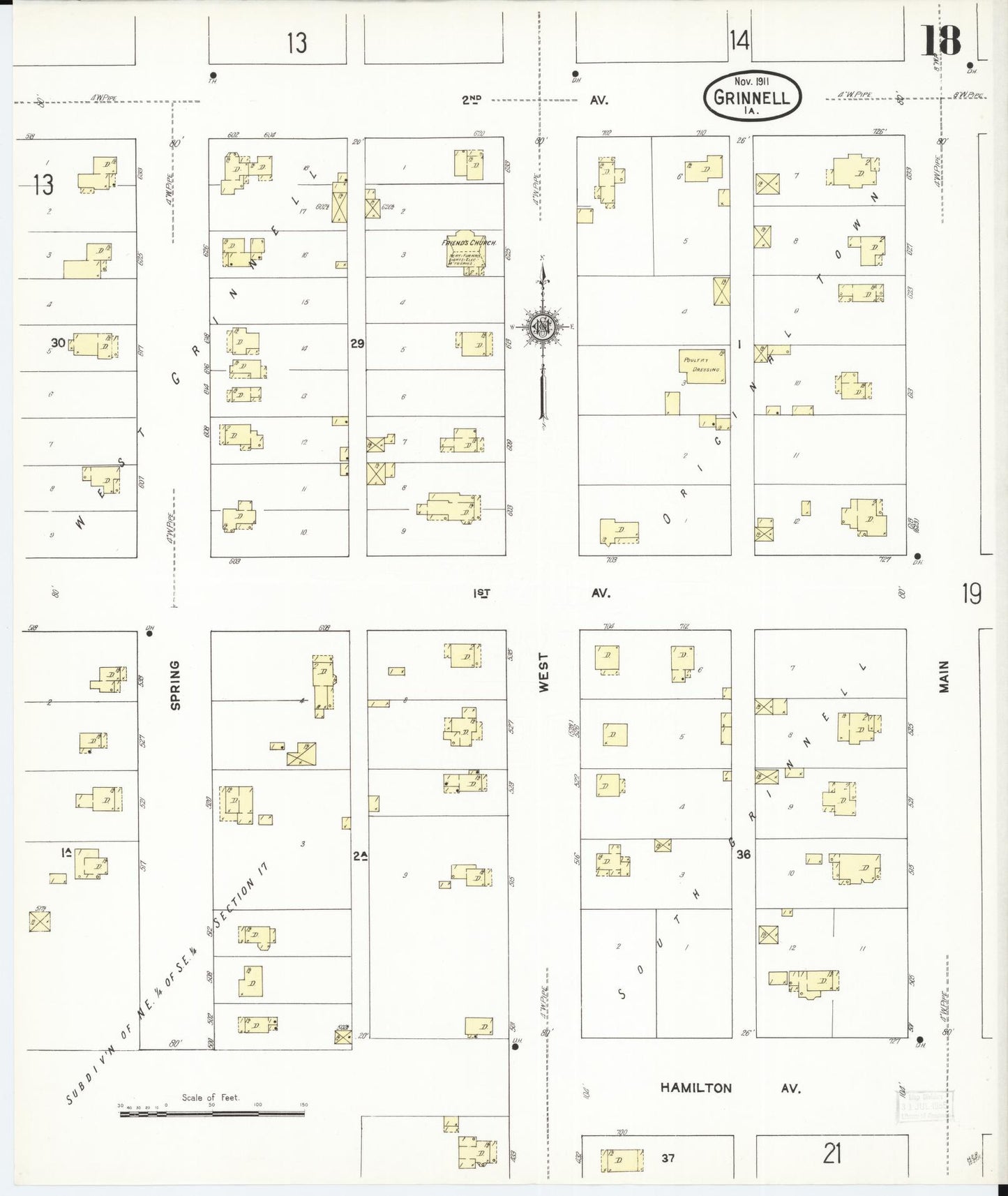 Sanborn Fire Insurance Map from Grinnell, Poweshiek County, Iowa (1911), Sheet #0018 - Historic Sanborn Fire Insurance Map Print, vintage old map wall art