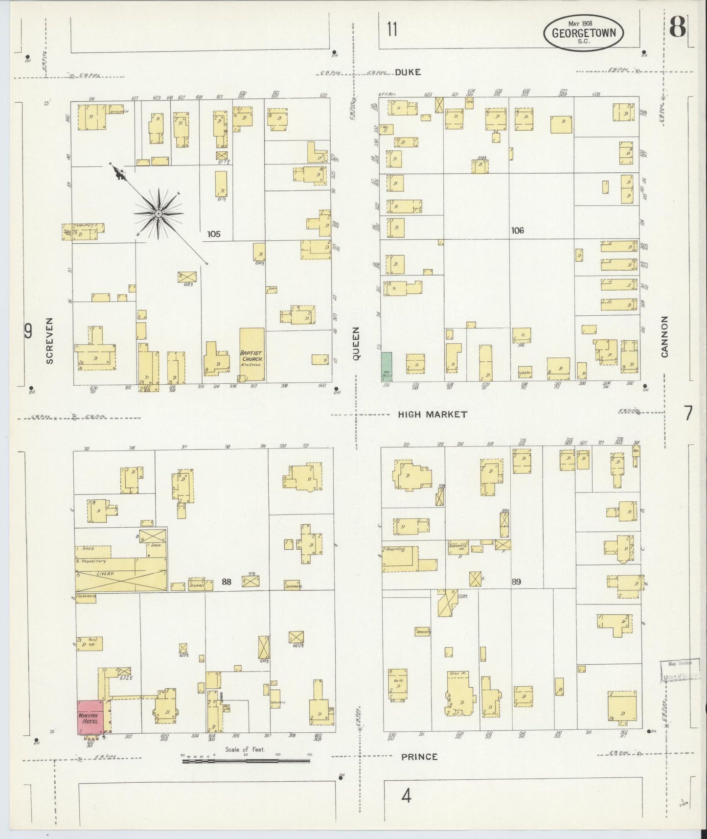 Sanborn Fire Insurance Map from Georgetown, Georgetown County, South Carolina (1908), Sheet #0008 - Historic Sanborn Fire Insurance Map Print, vintage old map wall art, antique decor, genealogy gift, South Carolina South Carolina map