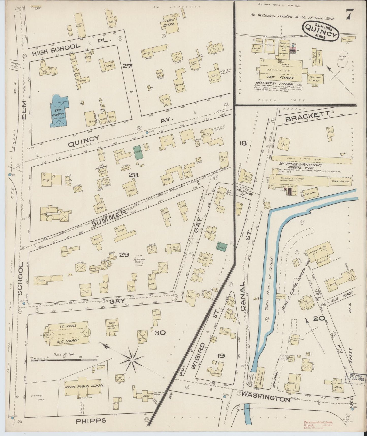 Sanborn Fire Insurance Map from Quincy, Norfolk County, Massachusetts (1885), Sheet #0007 - Historic Sanborn Fire Insurance Map Print, vintage old map wall art, antique decor, genealogy gift, Massachusetts Massachusetts map