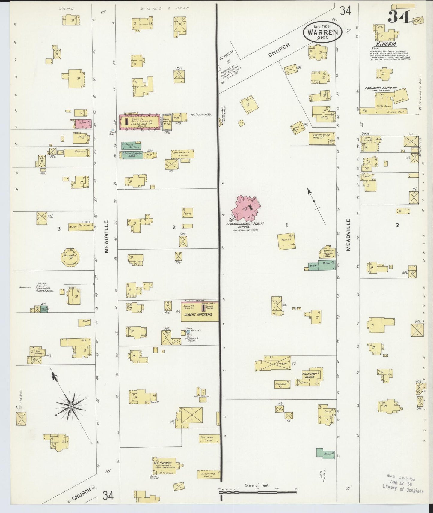 Sanborn Fire Insurance Map from Warren, Trumbull County, Ohio (1908), Sheet #0034 - Historic Sanborn Fire Insurance Map Print, vintage old map wall art, antique decor, genealogy gift, Ohio Ohio map
