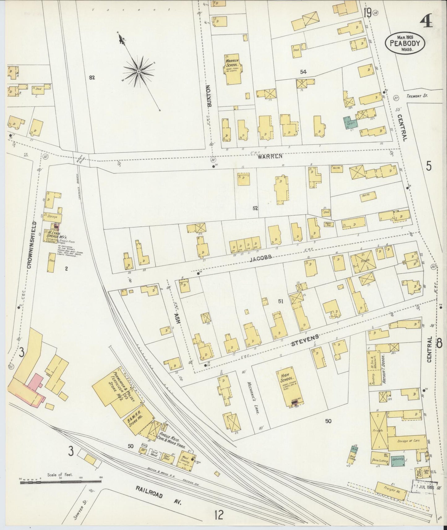 Sanborn Fire Insurance Map from Peabody, Essex County, Massachusetts (1903), Sheet #0004 - Historic Sanborn Fire Insurance Map Print, vintage old map wall art, antique decor, genealogy gift, Massachusetts Massachusetts map