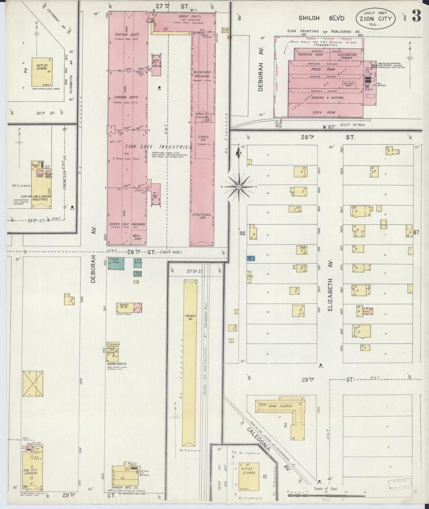 Sanborn Fire Insurance Map from Zion, Lake County, Illinois (1907), Sheet #0003 - Complete Map Set gallery image, historic Sanborn map, vintage wall art, Illinois Illinois