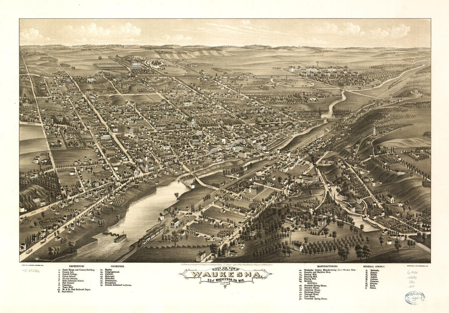 Bird's eye view of Waukesha, c.s. of Waukesha Co., Wis. 1880. (1880) – Historic Bird’s-Eye View Panorama Print