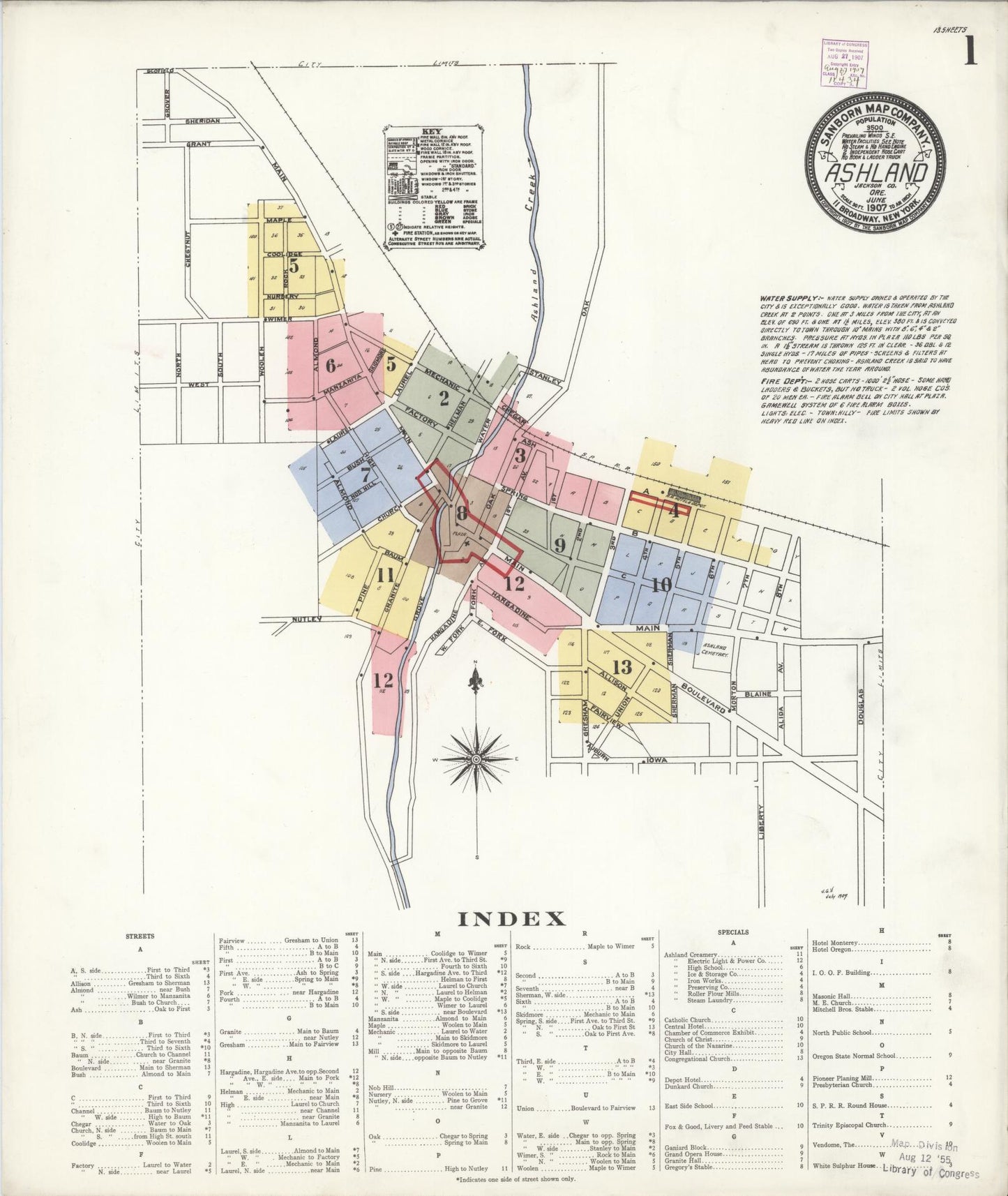 Sanborn Fire Insurance Map from Ashland, Jackson County, Oregon (1907), Sheet #0001 - Historic Sanborn Fire Insurance Map Print, vintage old map wall art, antique decor, genealogy gift, Oregon Oregon map