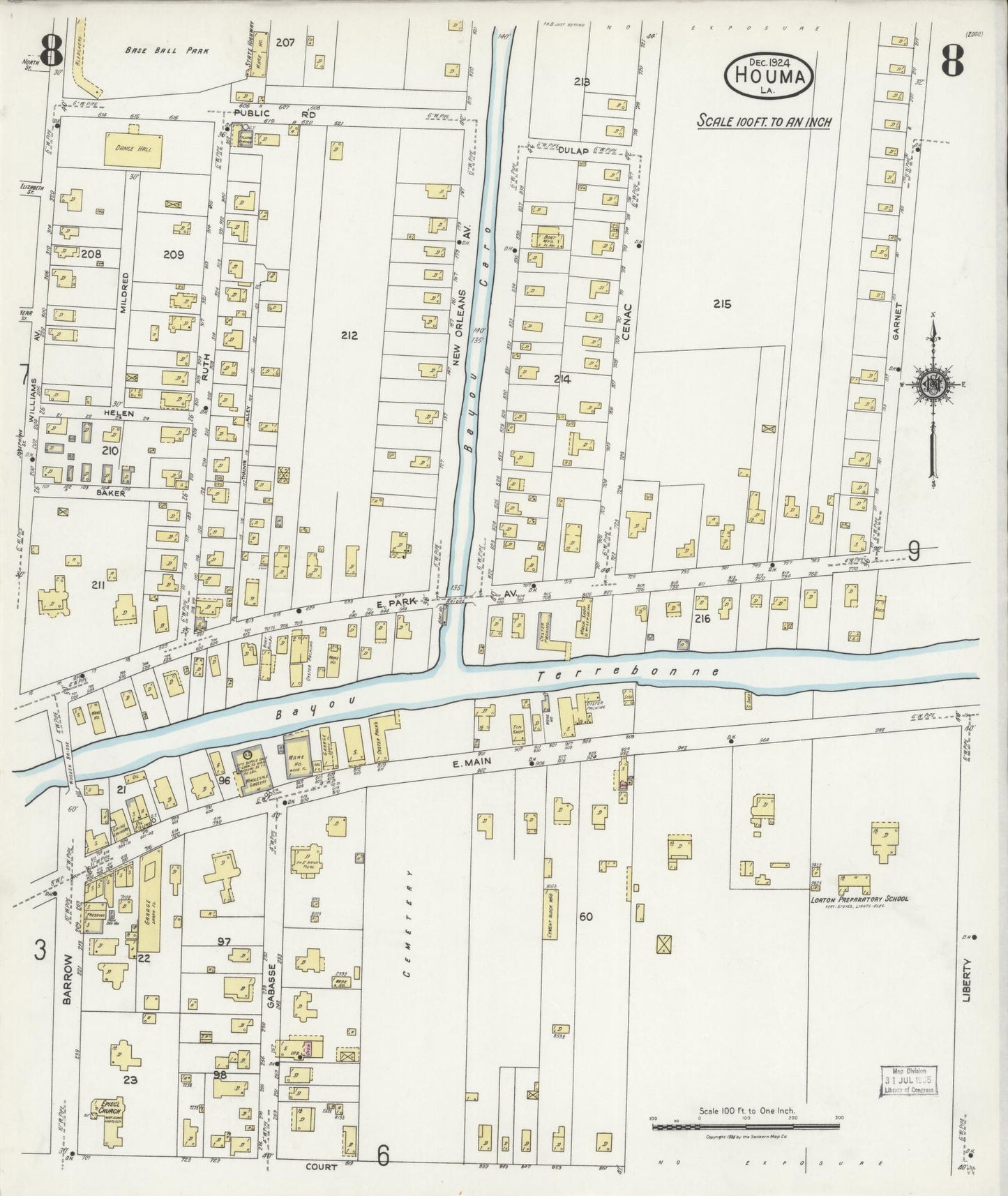 Sanborn Fire Insurance Map from Houma, Terrebonne Parish, Louisiana (1924), Sheet #0008 - Historic Sanborn Fire Insurance Map Print, vintage old map wall art, antique decor, genealogy gift, Louisiana Louisiana map