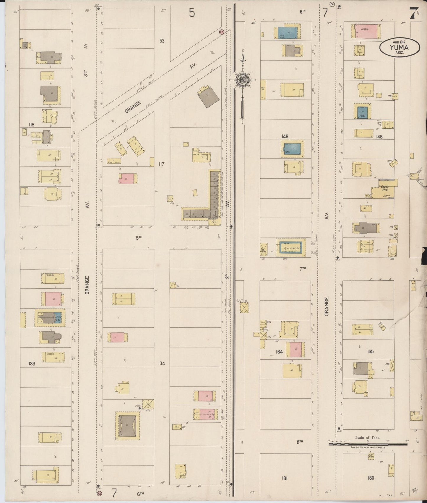 Sanborn Fire Insurance Map from Yuma, Yuma County, Arizona (1917), Sheet #0007 - Historic Sanborn Fire Insurance Map Print, vintage old map wall art, antique decor, genealogy gift, Arizona Arizona map