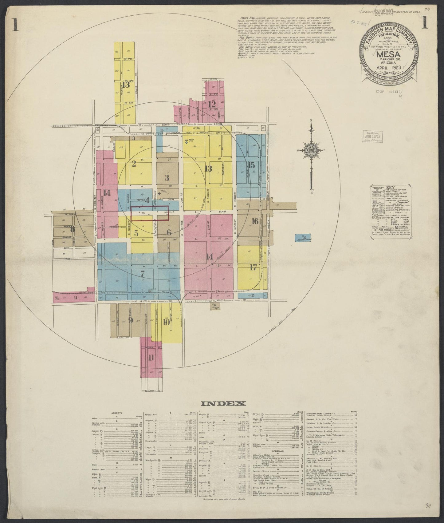 Sanborn Fire Insurance Map from Mesa, Maricopa County, Arizona (1923), Sheet #0001 - Historic Sanborn Fire Insurance Map Print, vintage old map wall art, antique decor, genealogy gift, Arizona Arizona map