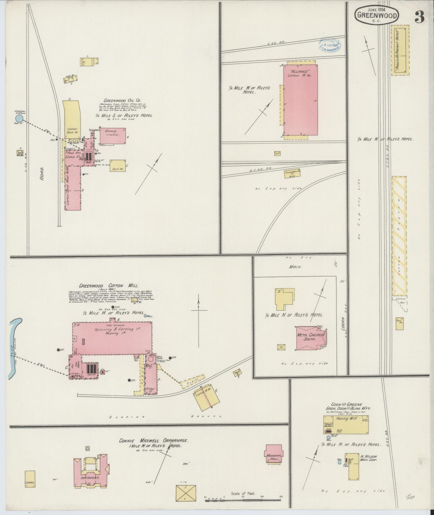 Sanborn Fire Insurance Map from Greenwood, Greenwood County, South Carolina (1894), Sheet #0003 - Historic Sanborn Fire Insurance Map Print, vintage old map wall art, antique decor, genealogy gift, South Carolina South Carolina map