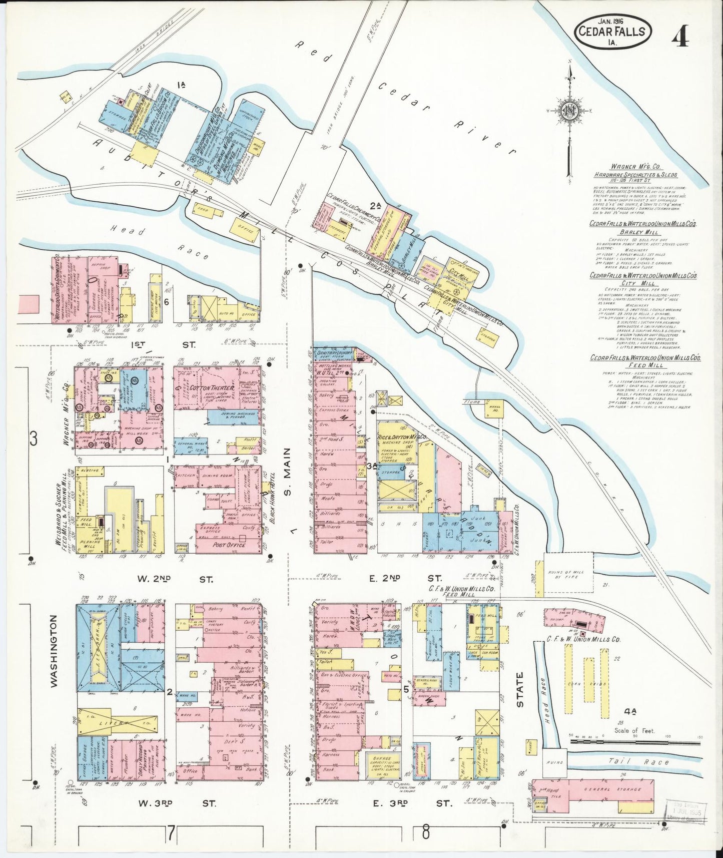 Sanborn Fire Insurance Map from Cedar Falls, Black Hawk County, Iowa (1916), Sheet #0004 - Historic Sanborn Fire Insurance Map Print, vintage old map wall art