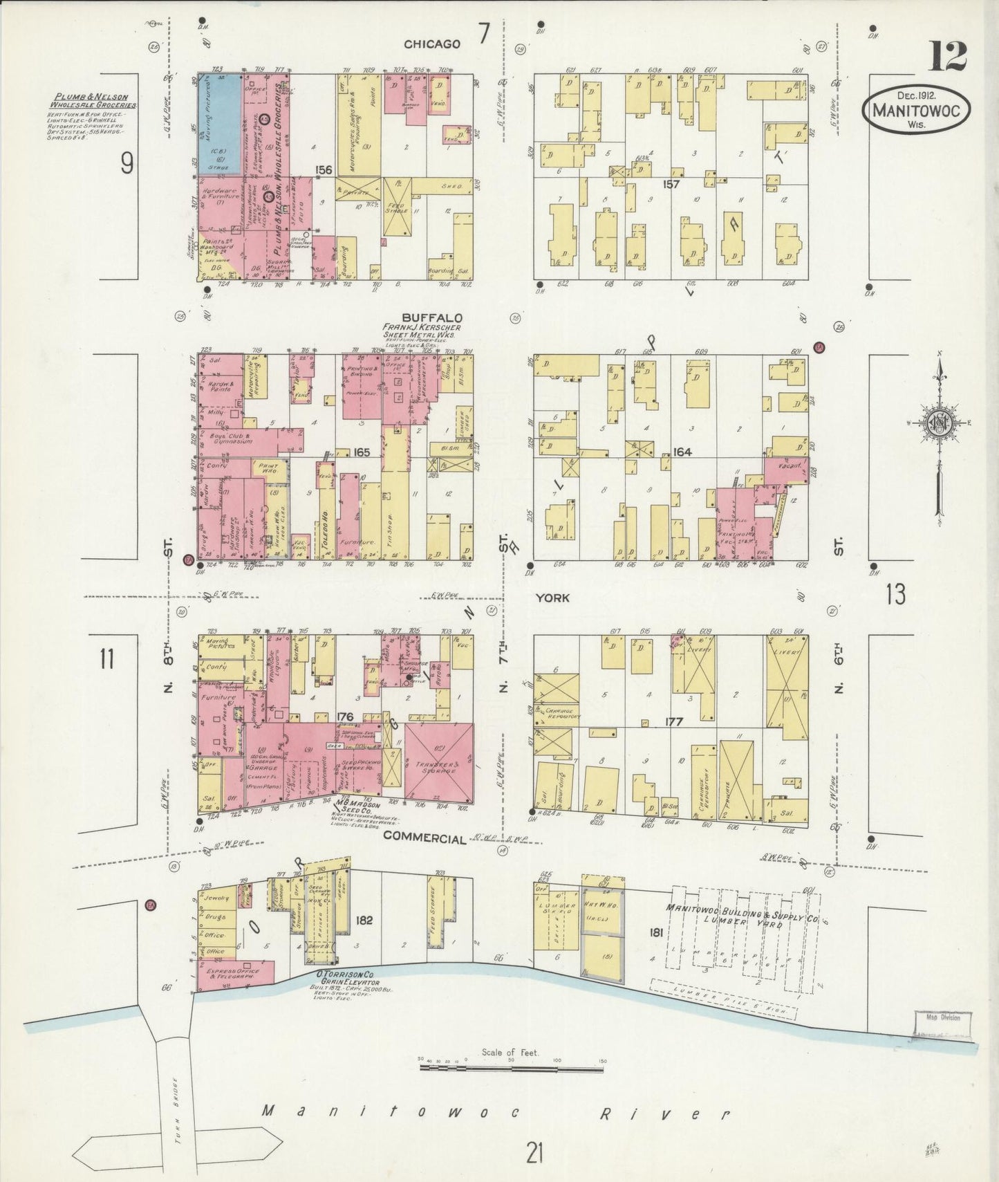 Sanborn Fire Insurance Map from Manitowoc, Manitowoc County, Wisconsin (1912), Sheet #0012 - Historic Sanborn Fire Insurance Map Print, vintage old map wall art, antique decor, genealogy gift, Wisconsin Wisconsin map