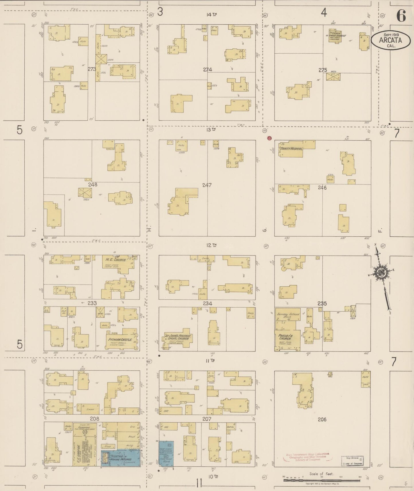 Sanborn Fire Insurance Map from Arcata, Humboldt County, California (1919), Sheet #0006 - Historic Sanborn Fire Insurance Map Print, vintage old map wall art, antique decor, genealogy gift, California California map