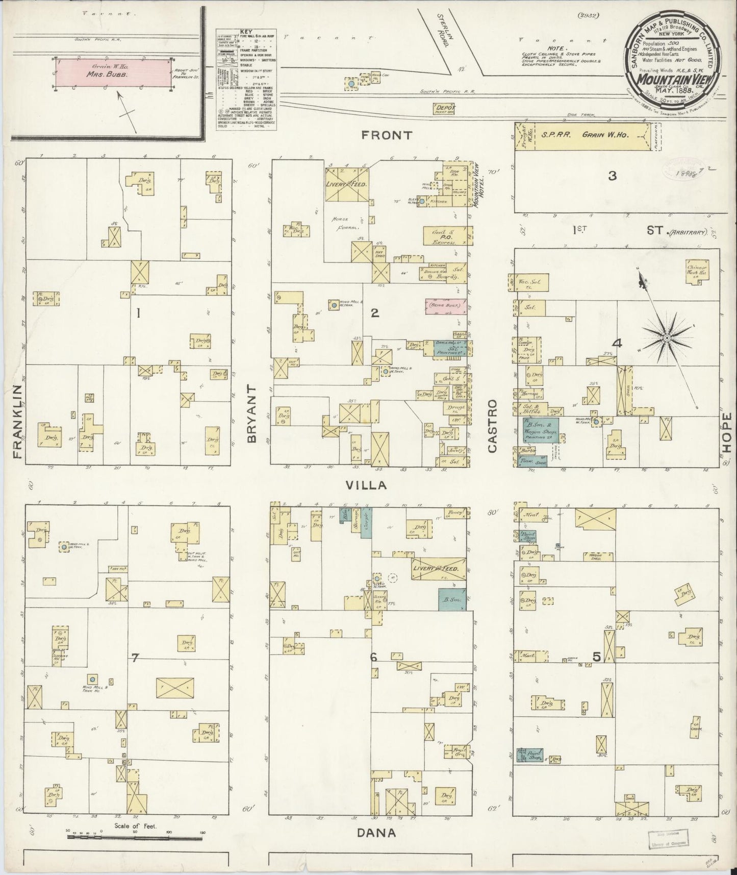 Sanborn Fire Insurance Map from Mountain View, Santa Clara County, California (1888), Sheet #0001 - Historic Sanborn Fire Insurance Map Print, vintage old map wall art, antique decor, genealogy gift, California California map