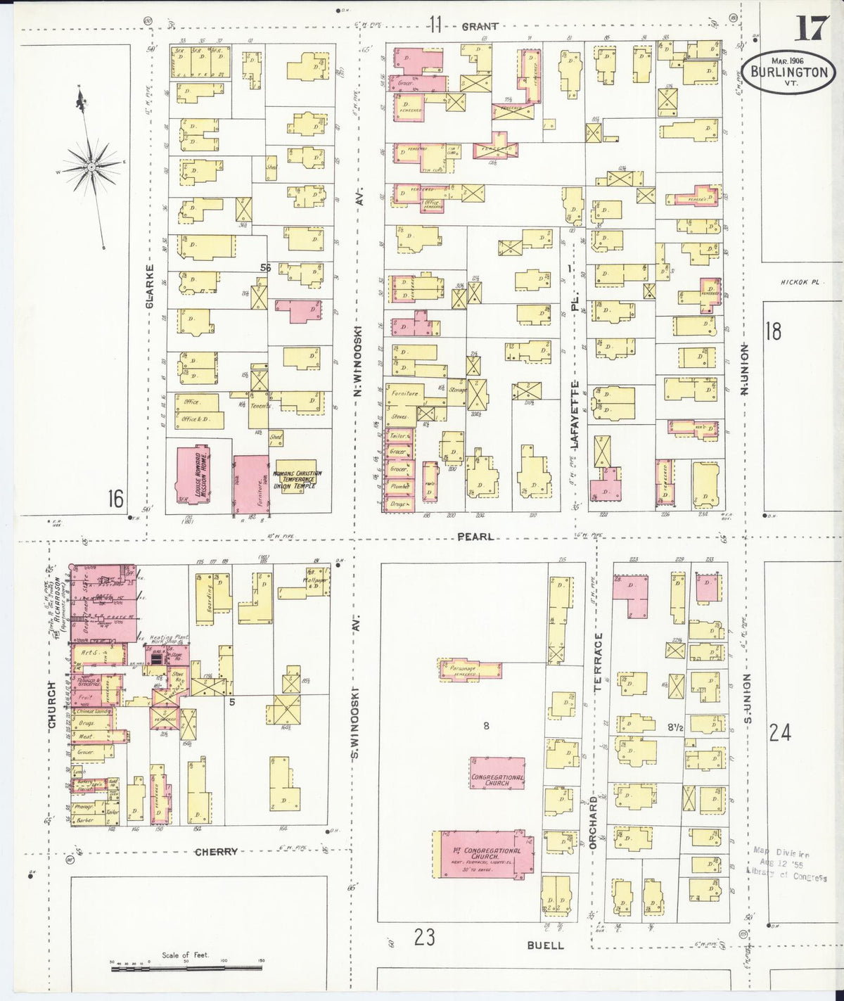 Sanborn Fire Insurance Map from Burlington, Chittenden County, Vermont (1906), Sheet #0017 - Historic Sanborn Fire Insurance Map Print, vintage old map wall art, antique decor, genealogy gift, Vermont Vermont map