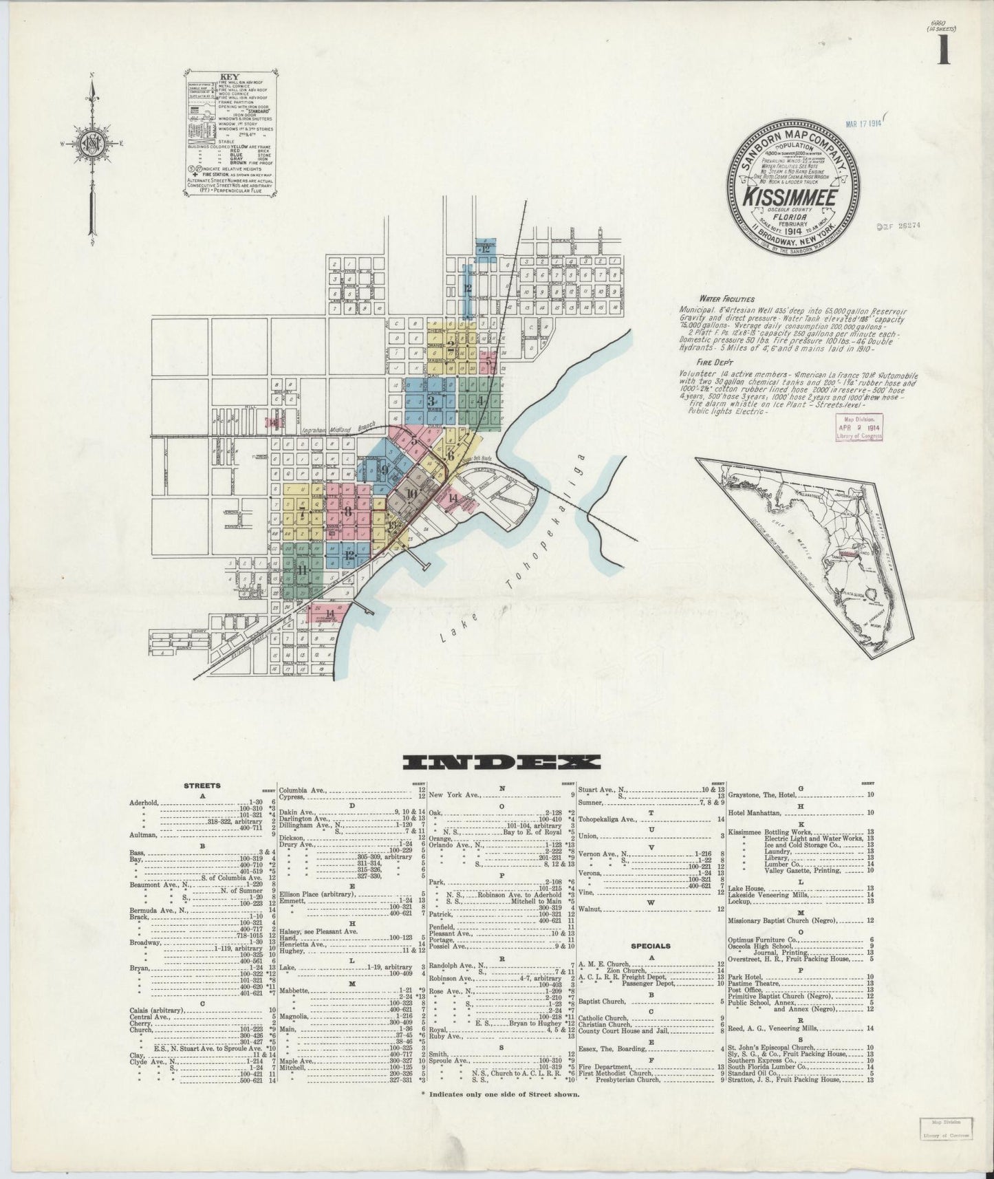 Sanborn Fire Insurance Map from Kissimmee, Osceola County, Florida (1914), Sheet #0001 - Historic Sanborn Fire Insurance Map Print, vintage old map wall art, antique decor, genealogy gift, Florida Florida map