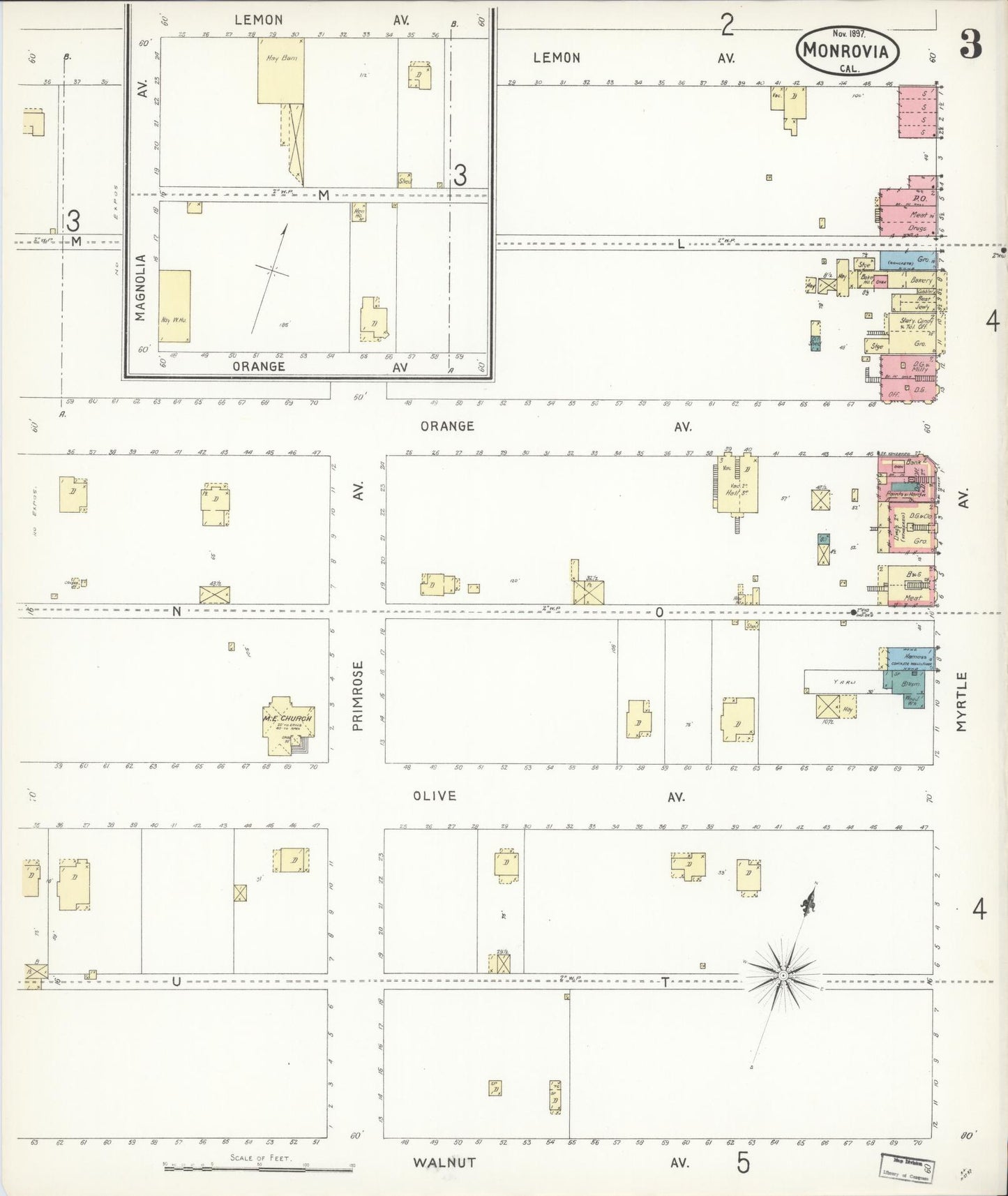 Sanborn Fire Insurance Map from Monrovia, Los Angeles County, California (1897), Sheet #0003 - Historic Sanborn Fire Insurance Map Print, vintage old map wall art, antique decor, genealogy gift, California California map