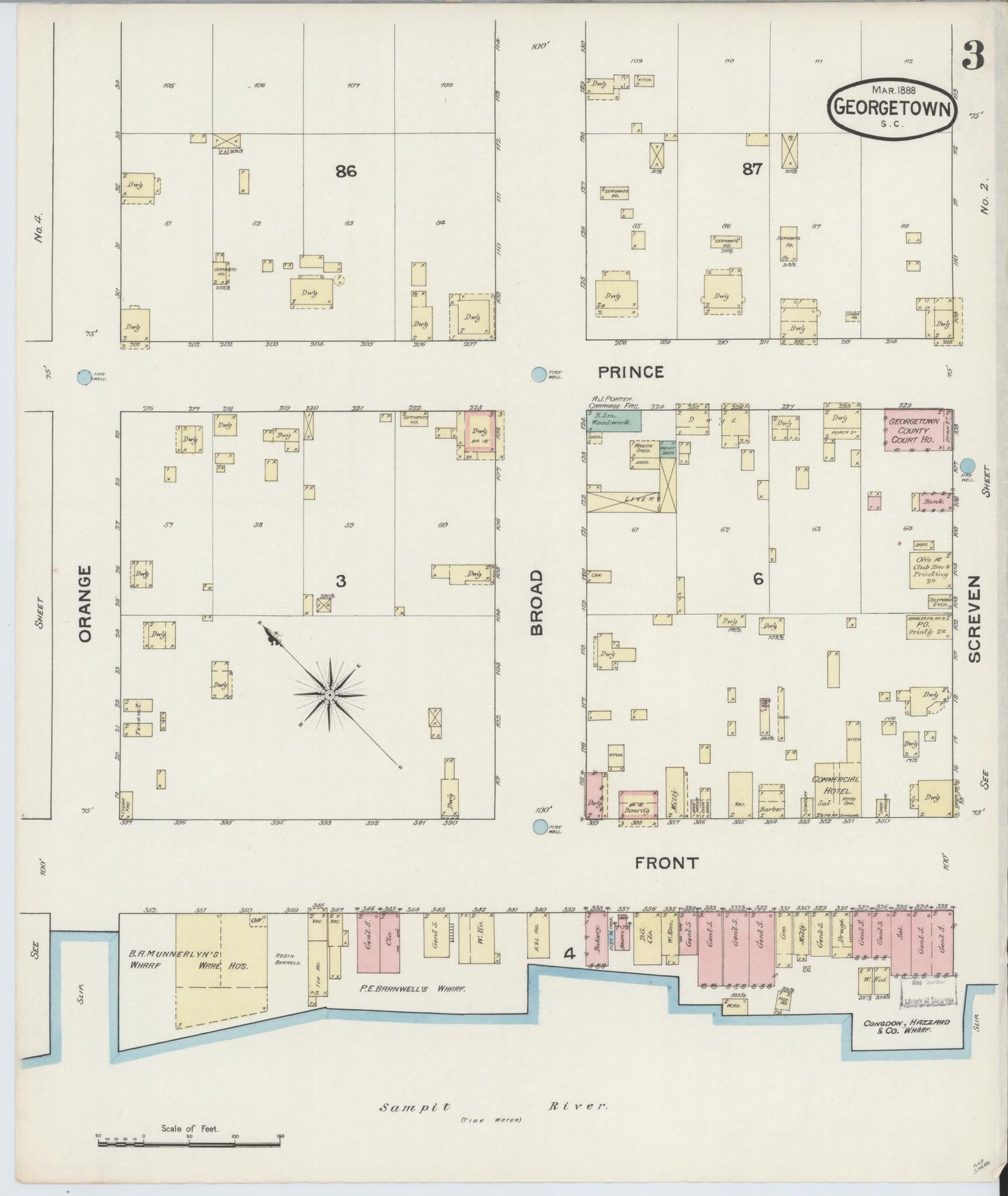 Sanborn Fire Insurance Map from Georgetown, Georgetown County, South Carolina (1888), Sheet #0003 - Historic Sanborn Fire Insurance Map Print, vintage old map wall art, antique decor, genealogy gift, South Carolina South Carolina map