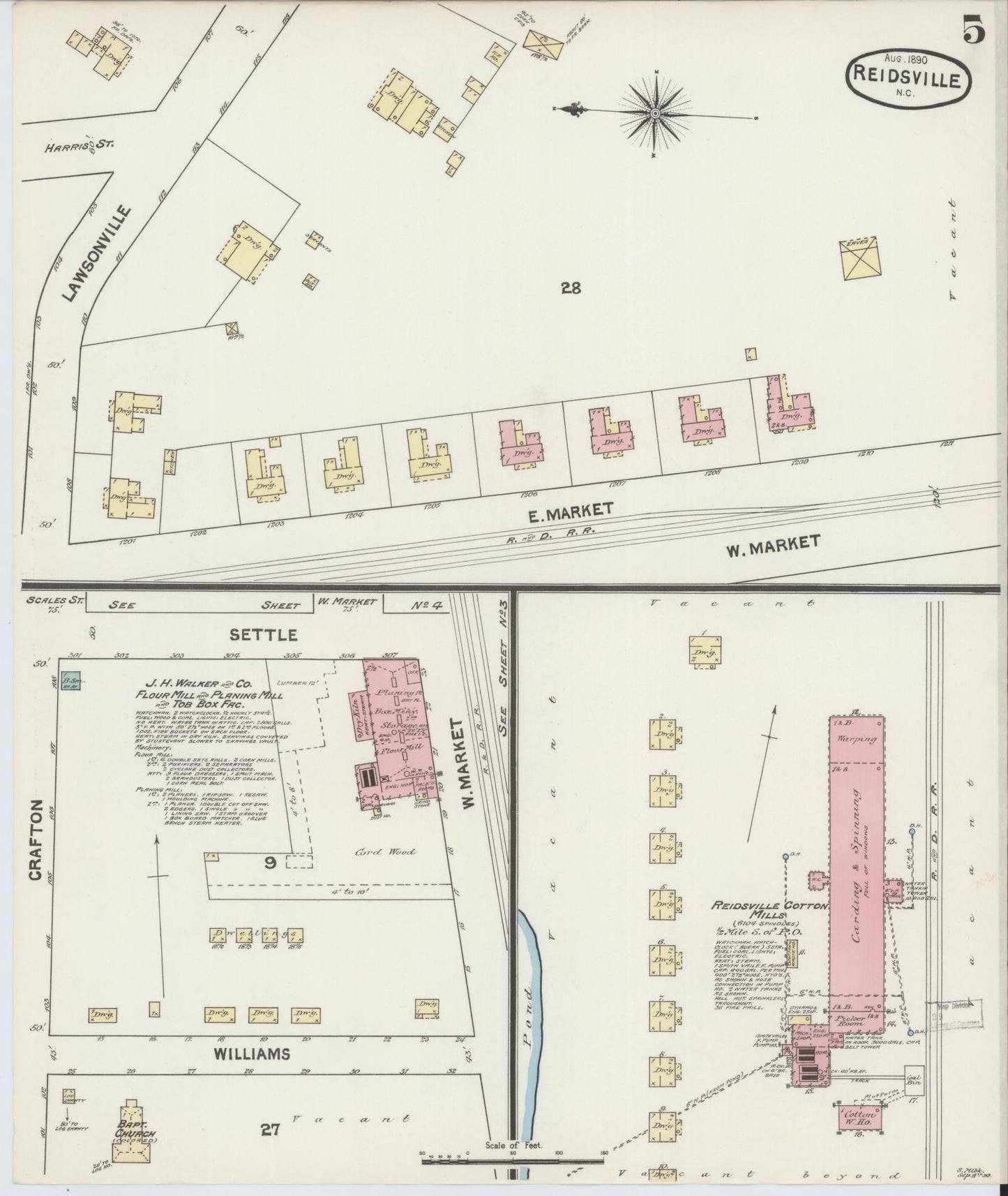 Sanborn Fire Insurance Map from Reidsville, Rockingham County, North Carolina (1890), Sheet #0005 - Complete Map Set gallery image, historic Sanborn map, vintage wall art, North Carolina North Carolina