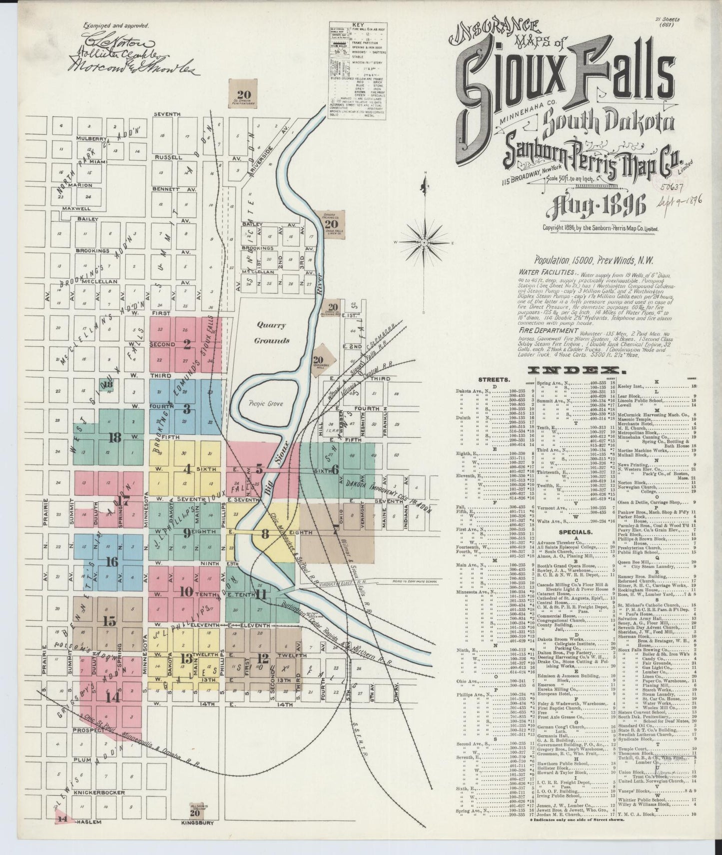 Sanborn Fire Insurance Map from Sioux Falls, Minnehaha County, South Dakota (1896), Sheet #0001 - Historic Sanborn Fire Insurance Map Print, vintage old map wall art, antique decor, genealogy gift, South Dakota South Dakota map