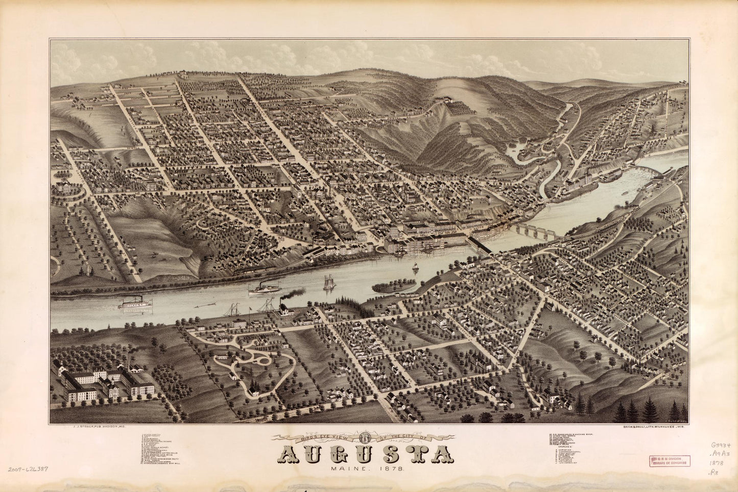 Bird's eye view of the city of Augusta, Maine, 1878 (1878) – Historic Bird’s-Eye View Panorama Print