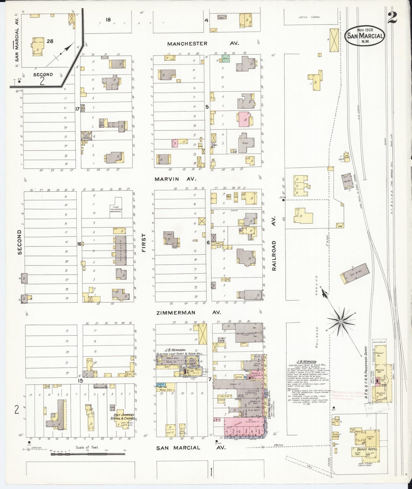Sanborn Fire Insurance Map from San Marcial, Socorro County, New Mexico (1908), Sheet #0002 - Historic Sanborn Fire Insurance Map Print, vintage old map wall art, antique decor, genealogy gift, New Mexico New Mexico map