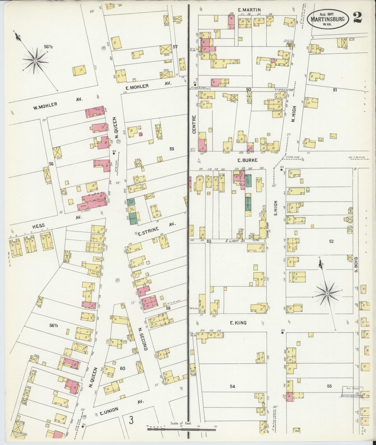Sanborn Fire Insurance Map from Martinsburg, Berkeley County, West Virginia (1907), Sheet #0002 - Historic Sanborn Fire Insurance Map Print, vintage old map wall art, antique decor, genealogy gift, West Virginia West Virginia map