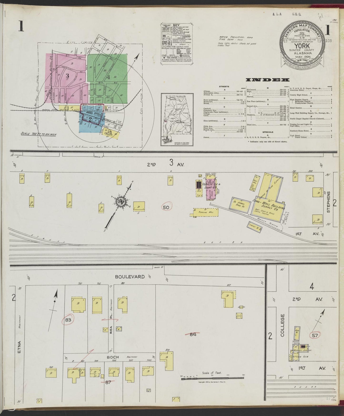 Sanborn Fire Insurance Map from York, Sumter County, Alabama (1924), Sheet #0001 - Historic Sanborn Fire Insurance Map Print, vintage old map wall art, antique decor, genealogy gift, Alabama Alabama map