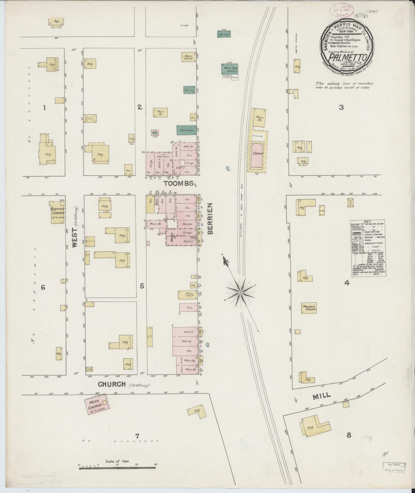 Sanborn Fire Insurance Map from Palmetto, Fulton County, Georgia (1890), Sheet #0001 - Historic Sanborn Fire Insurance Map Print, vintage old map wall art, antique decor, genealogy gift, Georgia Georgia map