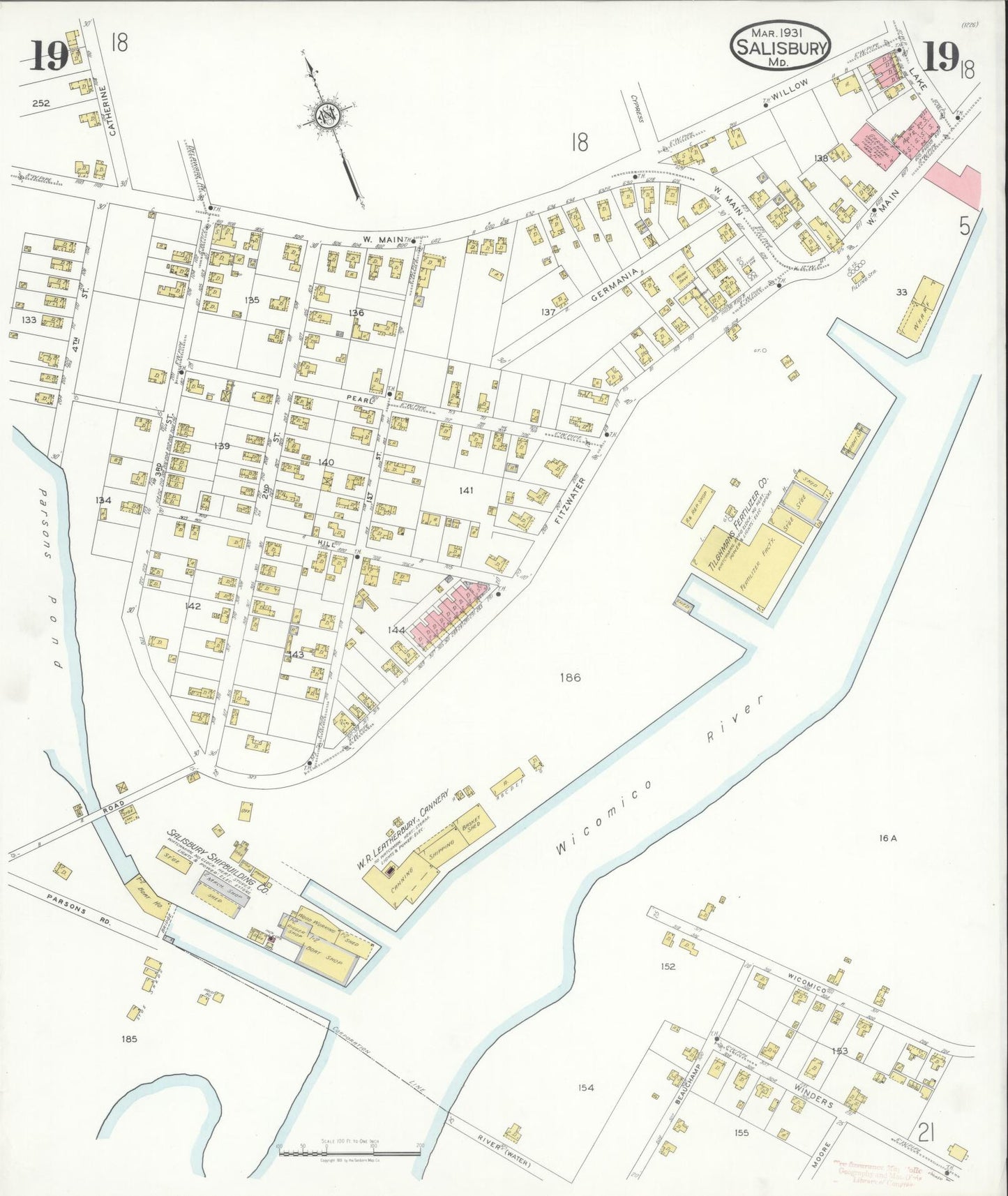 Sanborn Fire Insurance Map from Salisbury, Wicomico County, Maryland (1931), Sheet #0019 - Historic Sanborn Fire Insurance Map Print, vintage old map wall art