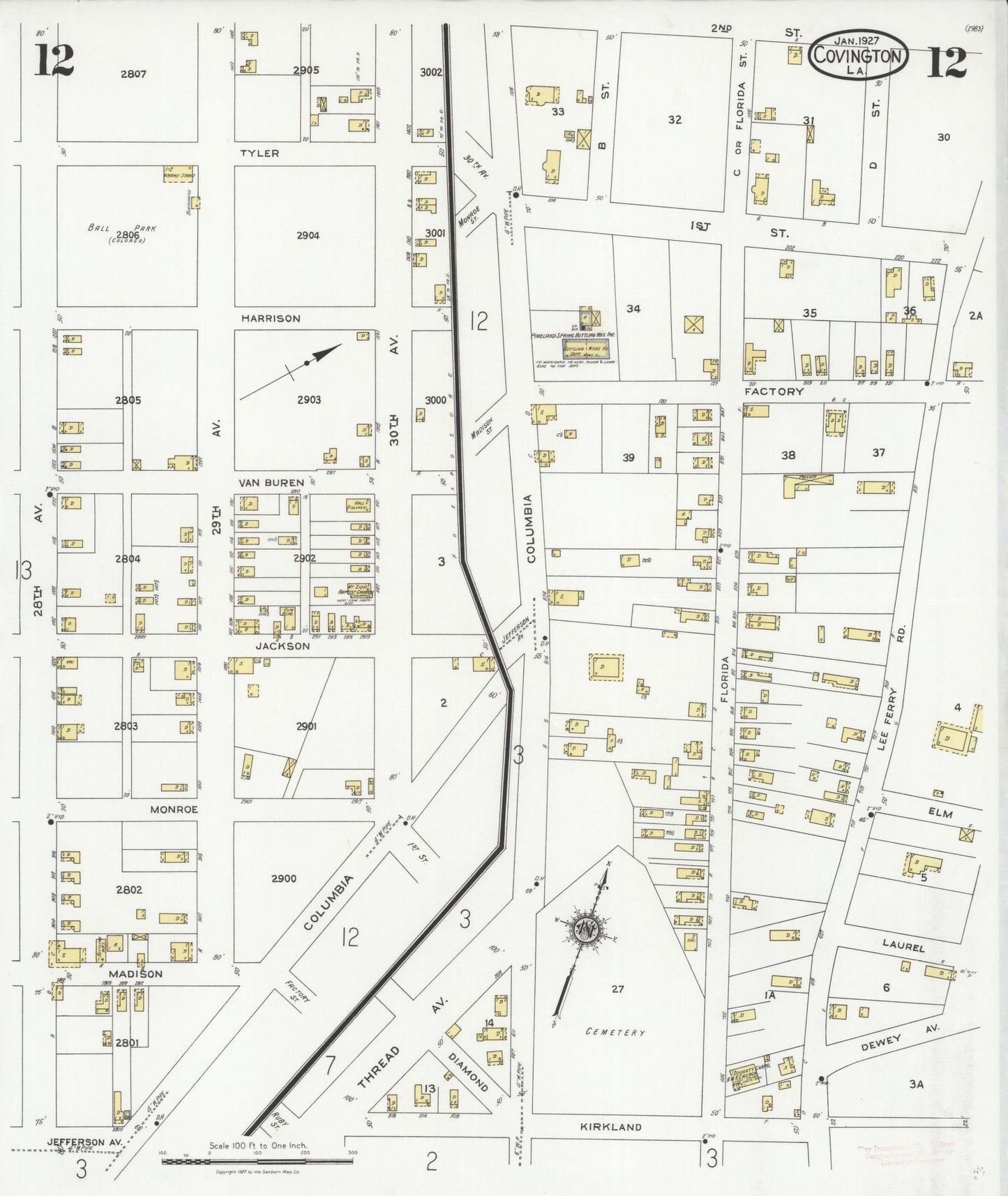 Sanborn Fire Insurance Map from Covington, Saint Tammany Parish, Louisiana (1927), Sheet #0012 - Historic Sanborn Fire Insurance Map Print, vintage old map wall art, antique decor, genealogy gift, Louisiana Louisiana map