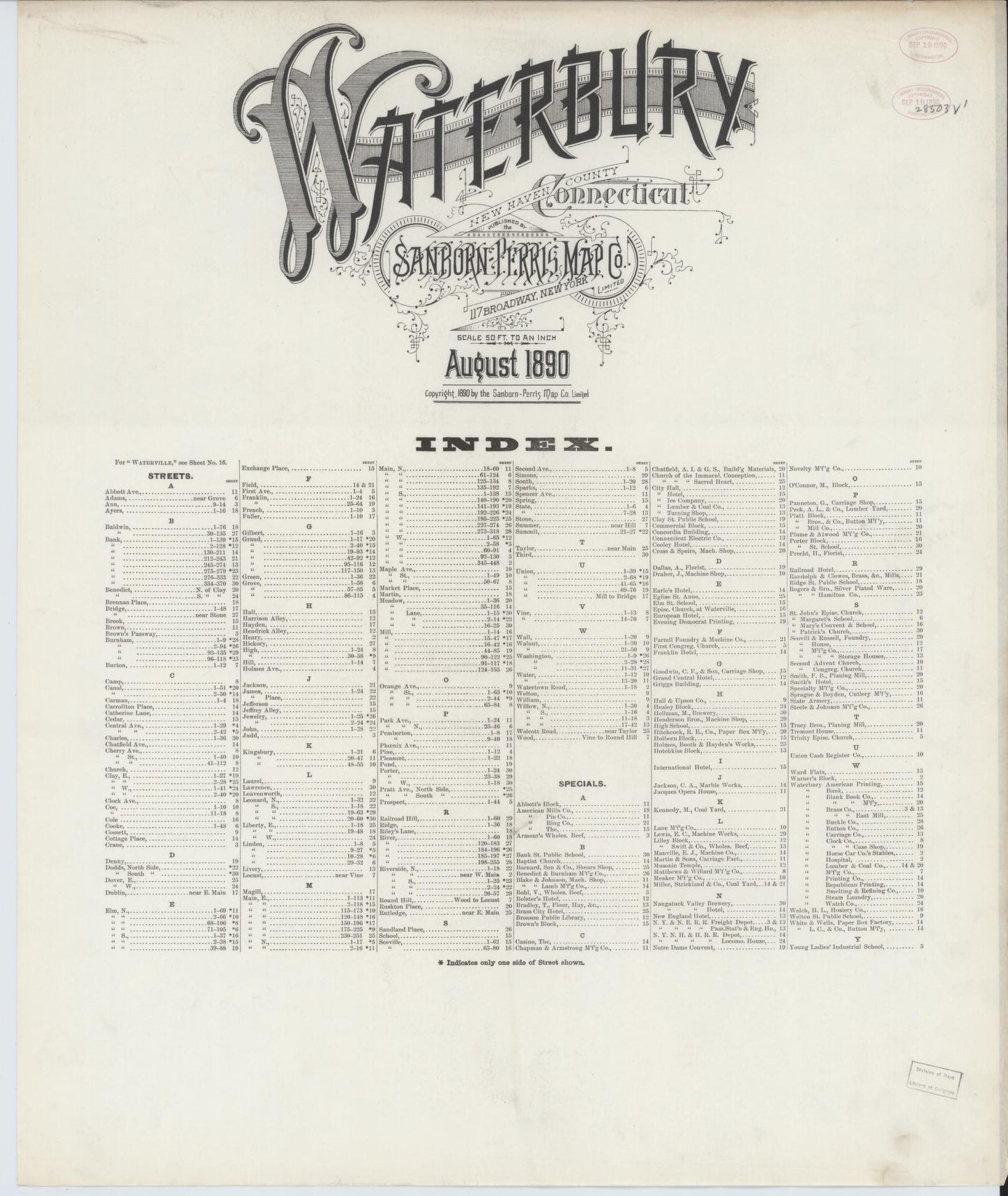 Sanborn Fire Insurance Map from Waterbury, New Haven County, Connecticut. (1890) – Historic Sanborn Fire Insurance Map Print