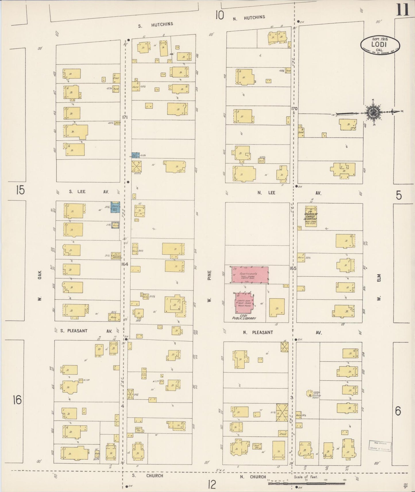 Sanborn Fire Insurance Map from Lodi, San Joaquin County, California (1916), Sheet #0011 - Historic Sanborn Fire Insurance Map Print, vintage old map wall art, antique decor, genealogy gift, California California map