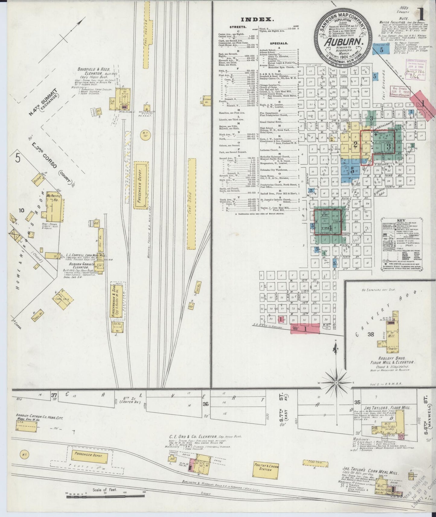 Sanborn Fire Insurance Map from Auburn, Nemaha County, Nebraska (1906), Sheet #0001 - Historic Sanborn Fire Insurance Map Print, vintage old map wall art, antique decor, genealogy gift, Nebraska Nebraska map