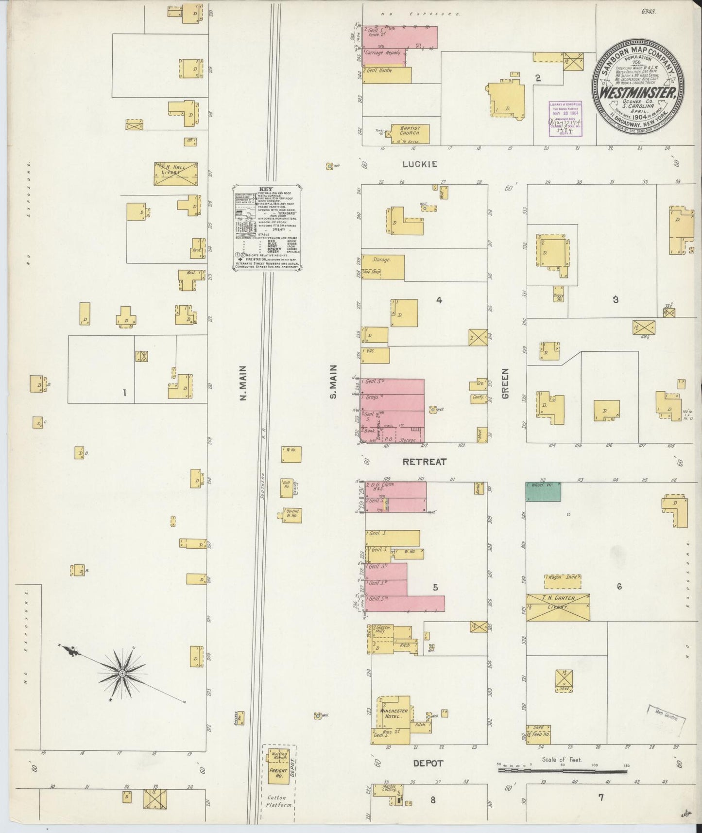 Sanborn Fire Insurance Map from Westminster, Oconee County, South Carolina. (1904) – Historic Sanborn Fire Insurance Map Print