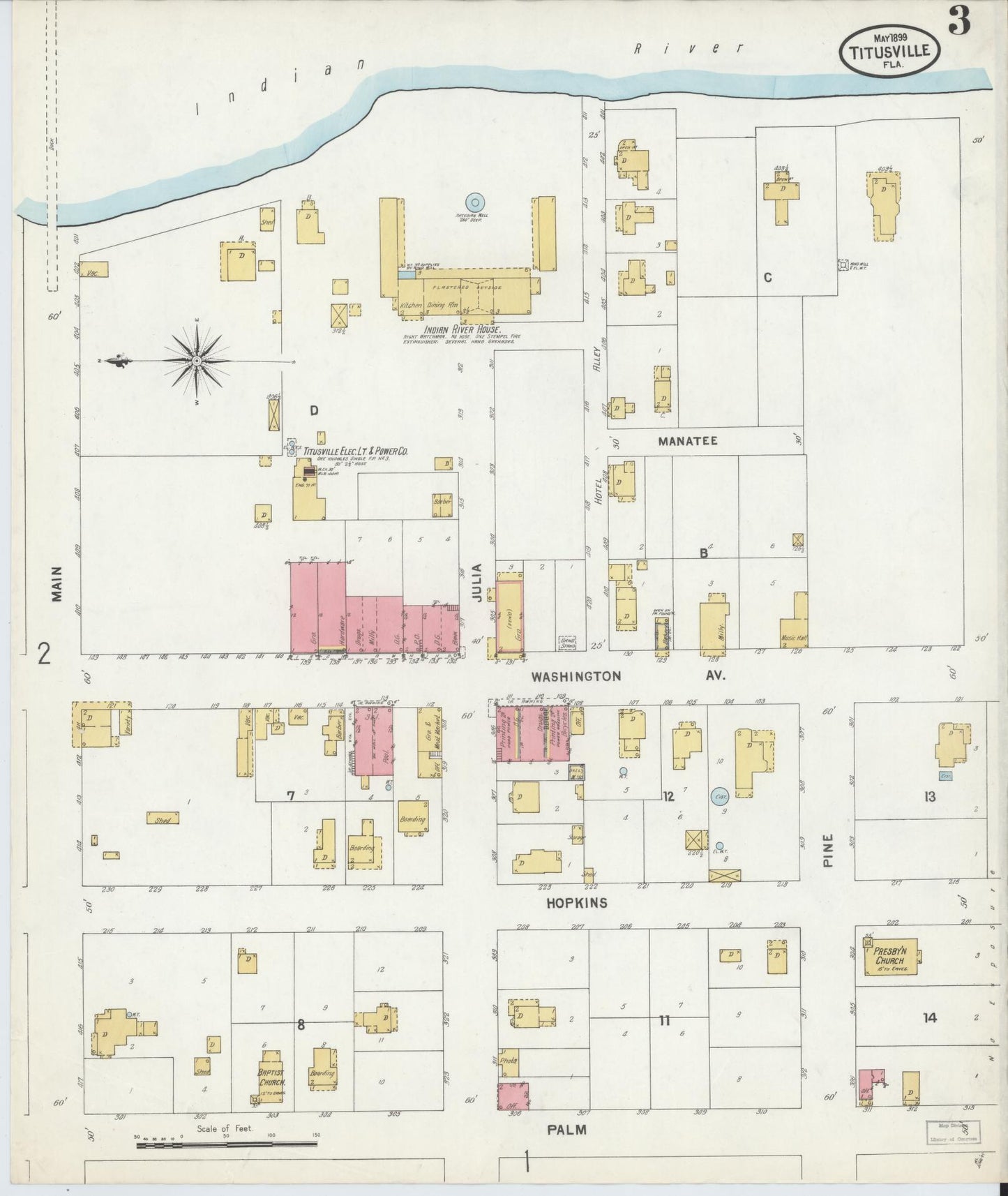 Sanborn Fire Insurance Map from Titusville, Brevard County, Florida (1899), Sheet #0003 - Historic Sanborn Fire Insurance Map Print, vintage old map wall art, antique decor, genealogy gift, Florida Florida map