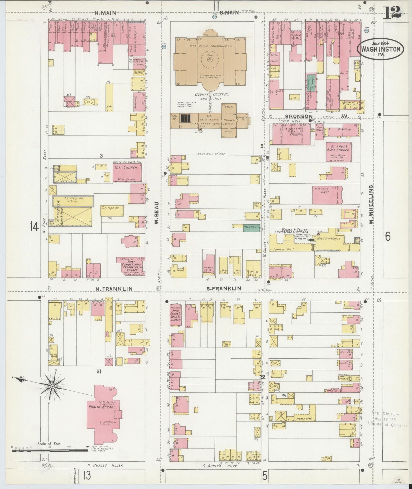 Sanborn Fire Insurance Map from Washington, Washington County, Pennsylvania (1904), Sheet #0012 - Historic Sanborn Fire Insurance Map Print, vintage old map wall art, antique decor, genealogy gift, Sanborn Fire Insurance Map from Washington Washington map